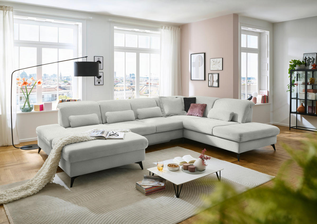 WOHNLANDSCHAFT Chenille Ecru  - Ecru/Schwarz, Design, Textil/Metall (198/364/255cm) - Beldomo Style