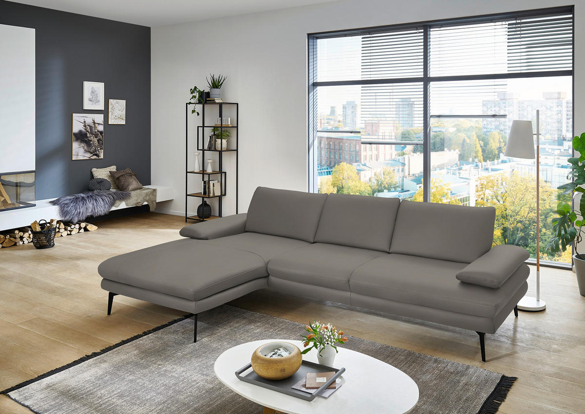 ECKSOFA in Echtleder Hellgrau  - Hellgrau/Schwarz, Design, Leder/Metall (180/310cm) - Dieter Knoll