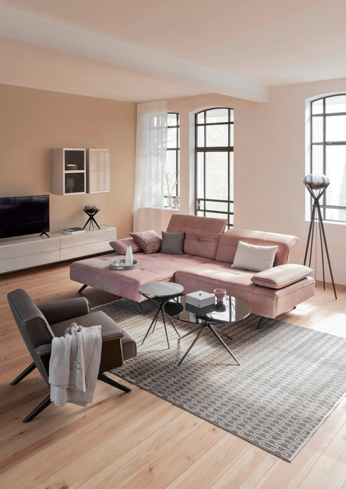 ECKSOFA Altrosa Echtleder  - Anthrazit/Altrosa, Design, Leder/Metall (165/280cm) - Joop!