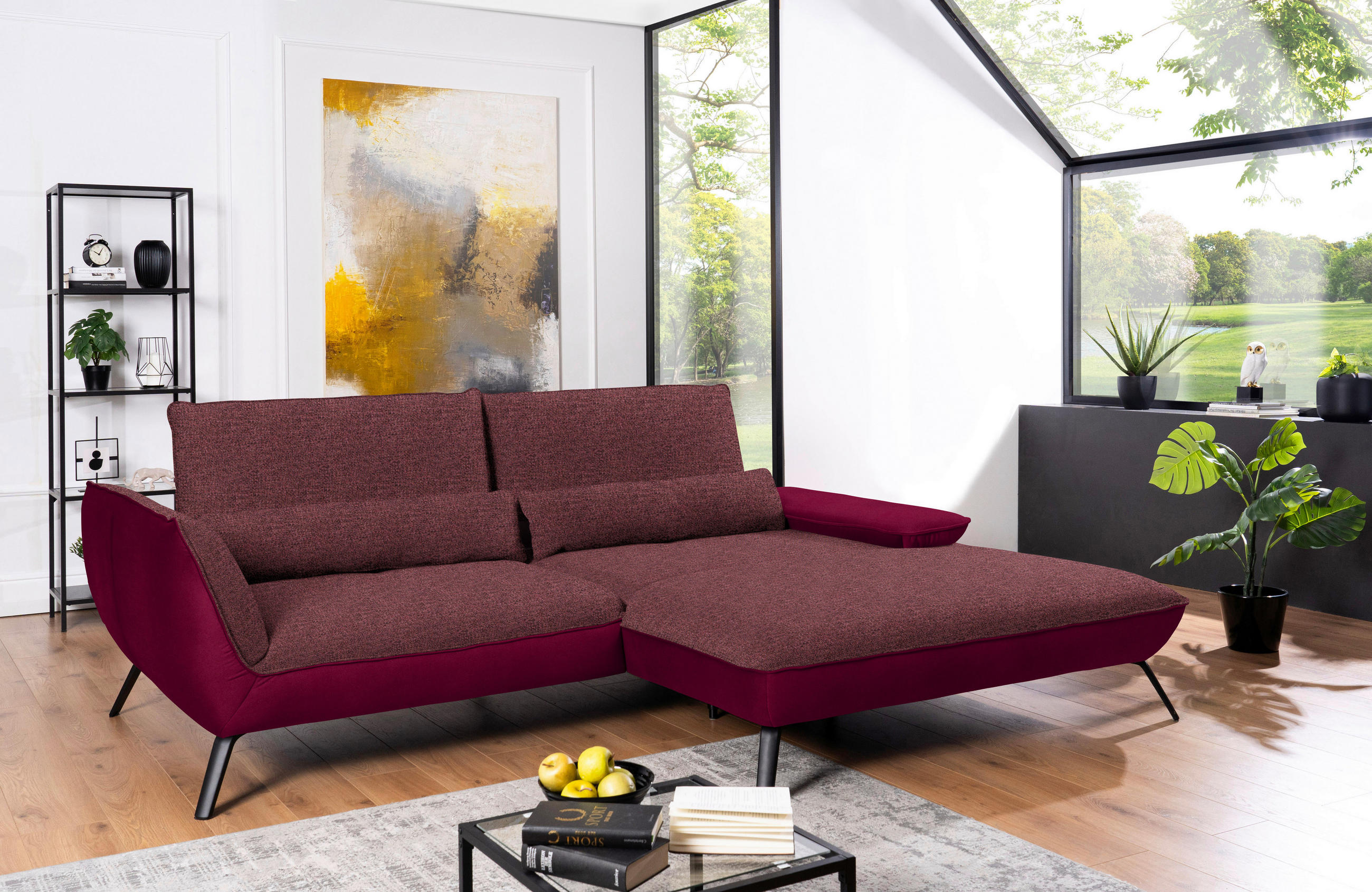 ECKSOFA in Flachgewebe Rot  - Rot/Schwarz, Design, Textil/Metall (273/191cm) - Moderano