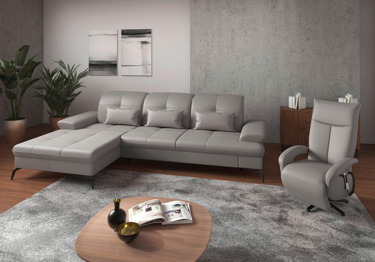 ECKSOFA in Echtleder Hellgrau  - Hellgrau/Schwarz, Konventionell, Leder/Metall (185/279cm) - Sit & More