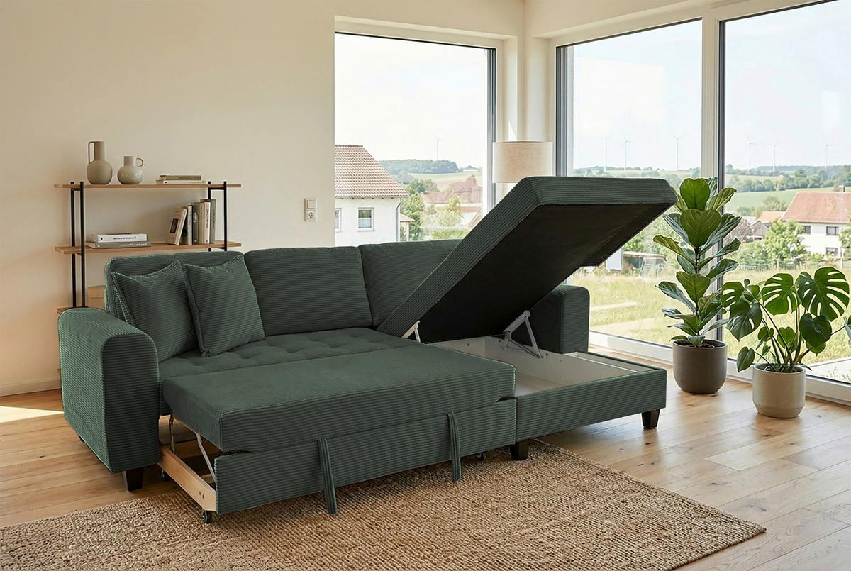 ECKSOFA MORITZ Dunkelgrün Cord Zierkissen, Bettkasten  - Dunkelgrün, Trend, Textil (265/155cm) - P & B