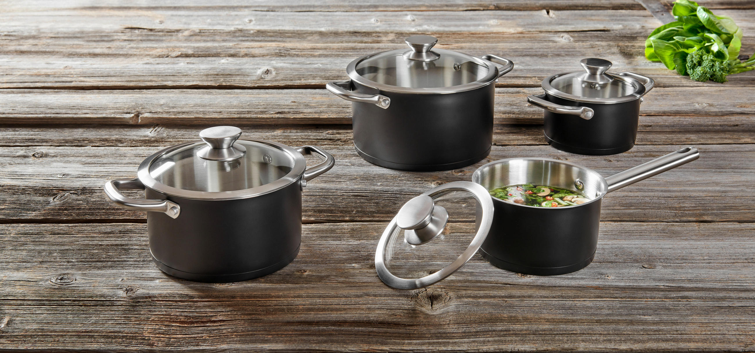 Thumbnail - Homeware Profession. Kochtopfset, Klar, Schwarz, Metall, 4-teilig, 16 cm,20 cm,16 cm, 1.5 L,3 L,5 L,1.5 L, rund, Lfgb, M...