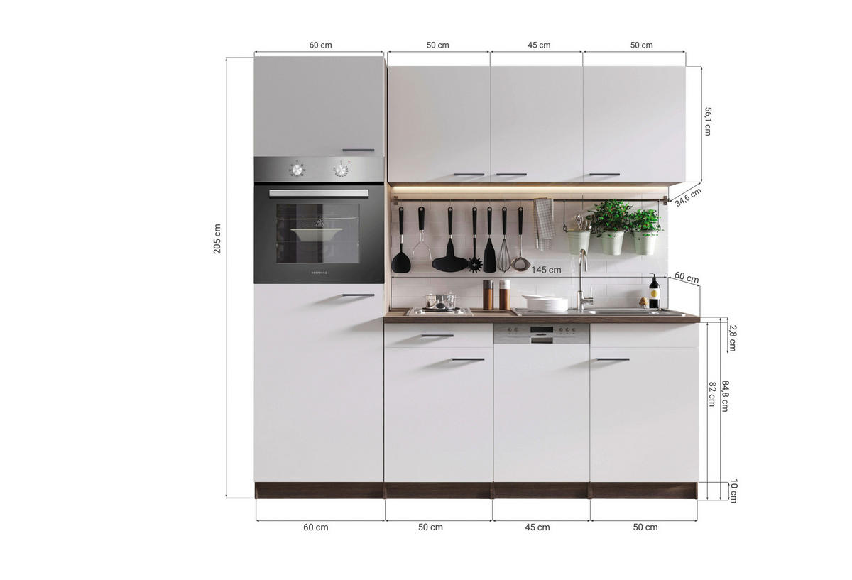 MODULKÖK 205 cm   i grå  - aluminiumfärg/grå, Basics, trämaterial/plast (205cm) - Respekta