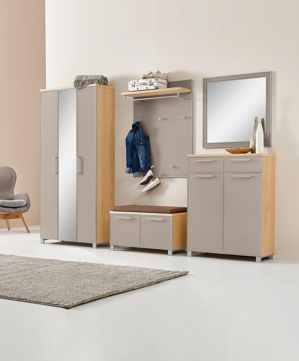 GARDEROBE 6-teilig  in 265/195/40 cm  - Taupe/Hellbraun, Design, Glas/Holz (265/195/40cm)