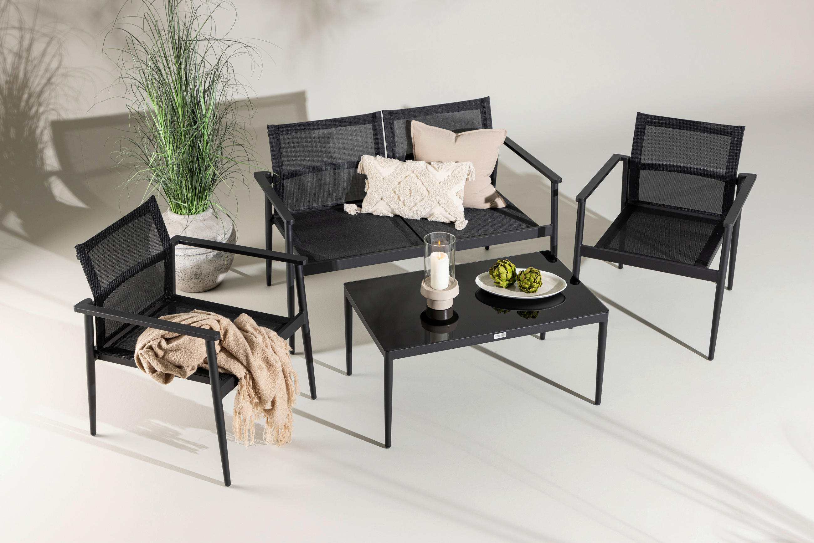 GARTENGARNITUR 4-teilig  - Schwarz, KONVENTIONELL, Glas/Textil - Gardenson