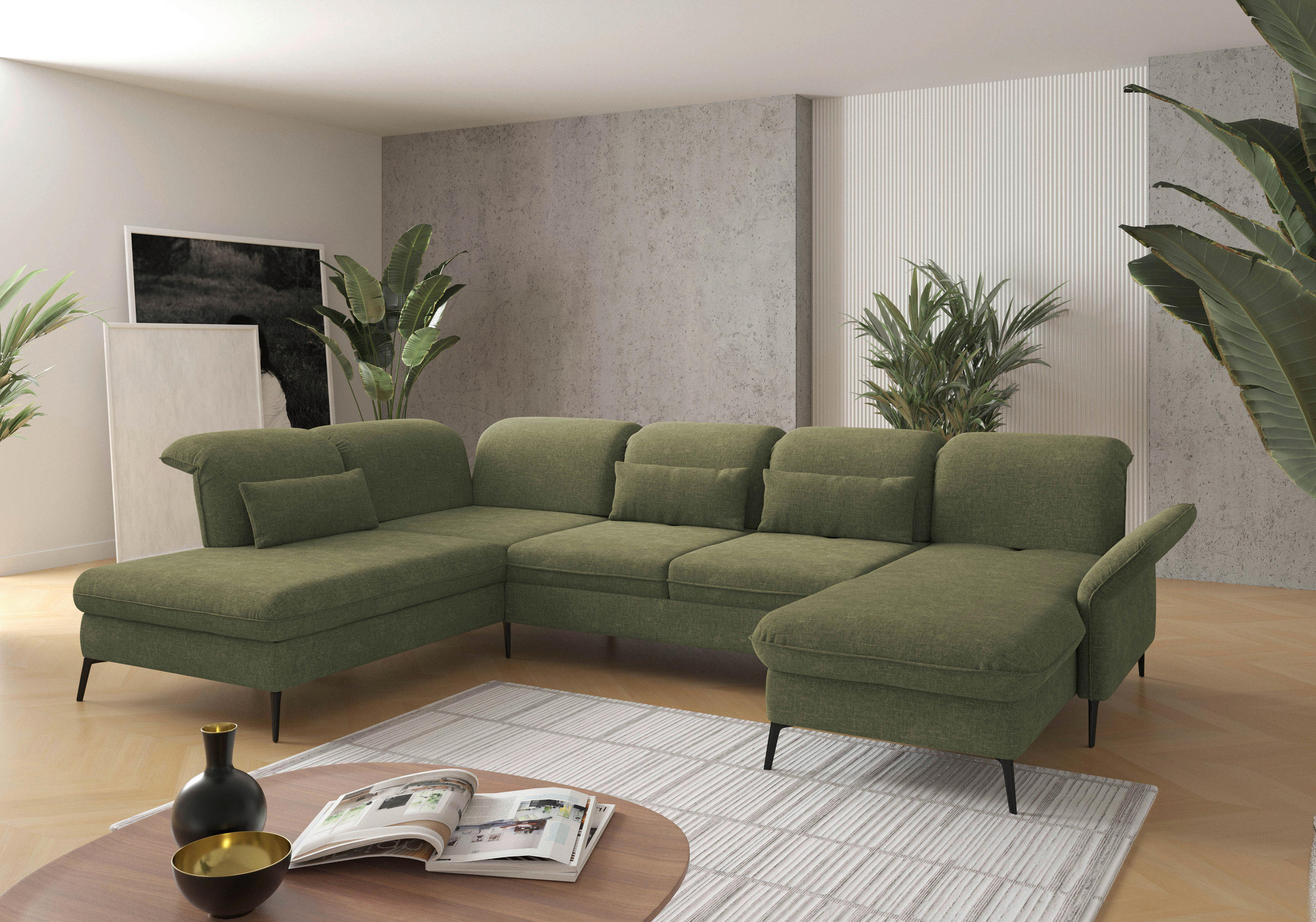 WOHNLANDSCHAFT in Flachgewebe Hellgrün  - Schwarz/Hellgrün, KONVENTIONELL, Textil/Metall (231/359/198cm) - Sit & More