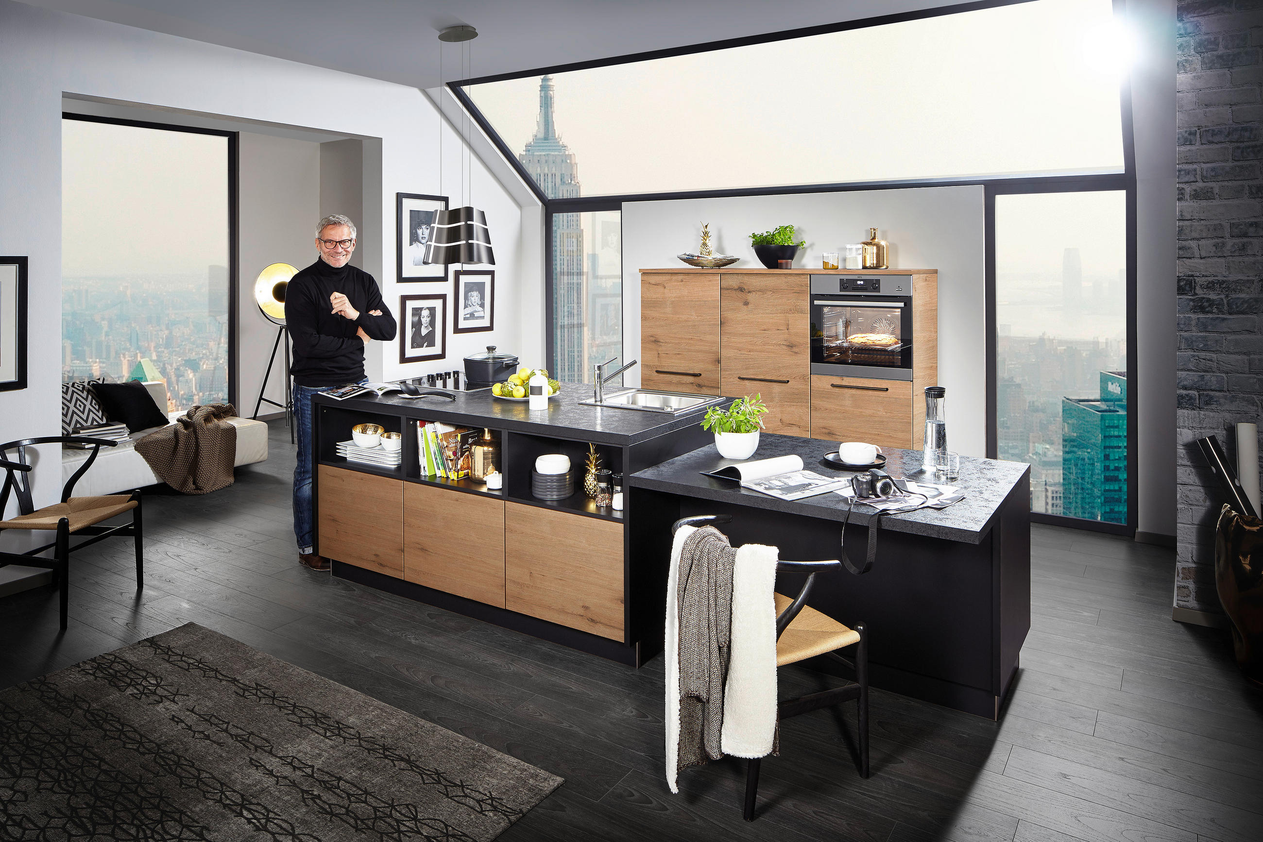 EINBAUKÜCHE   - Eichefarben/Schwarz, Design, Holzwerkstoff - Dieter Knoll