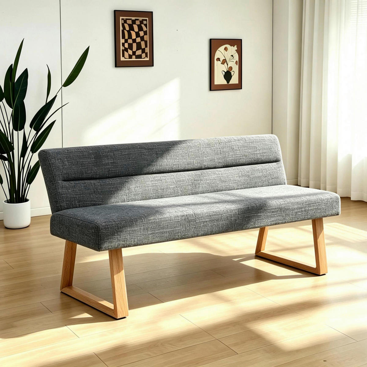 SITZBANK 140/82/61 cm Leinenoptik Eichefarben, Dunkelgrau Eiche massiv  - Eichefarben/Dunkelgrau, MODERN, Holz/Textil (140/82/61cm) - Livetastic
