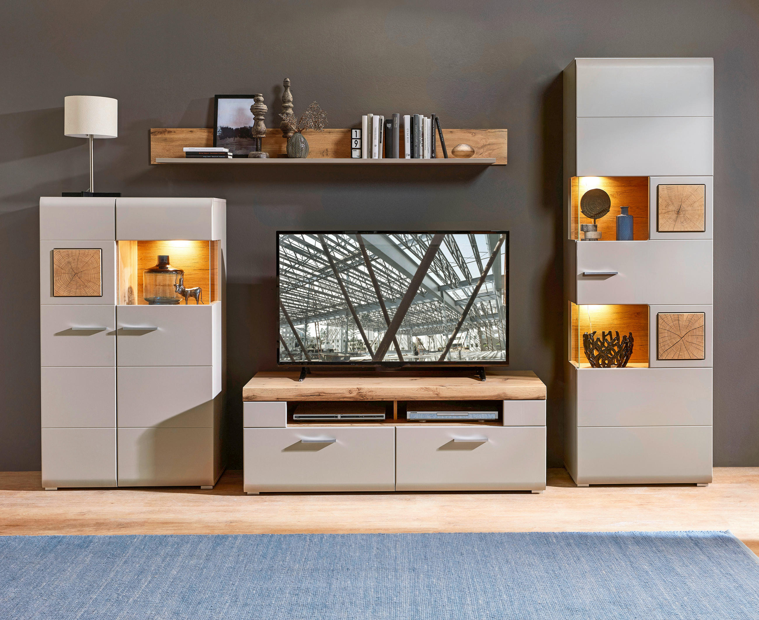 SET MOBILA LIVING in gri, culoare lemn stejar  - culoare crom/culoare lemn stejar, Modern, metal/material pe bază de lemn (325/205/47cm) - Hom`in