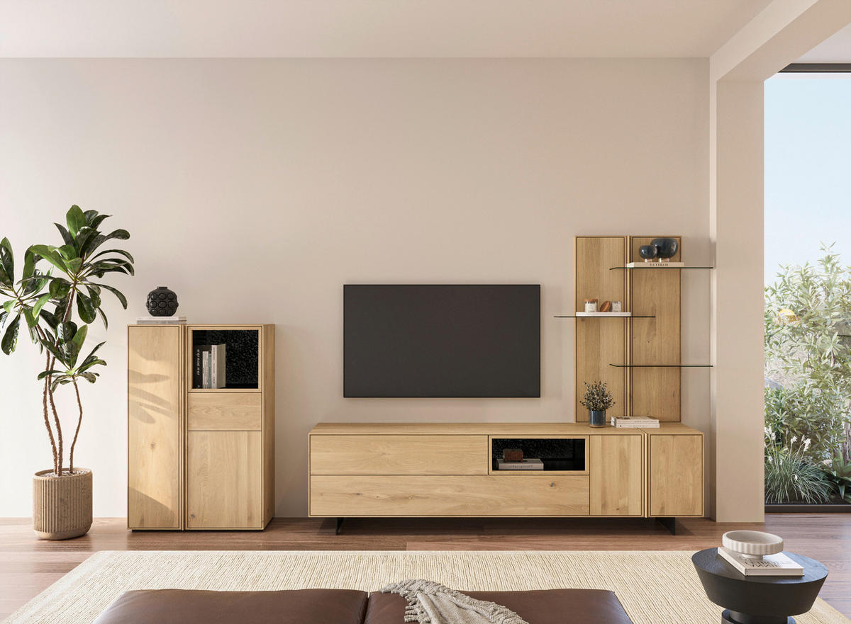 HIGHBOARD Eichefarben  83,4/127,5/41 cm  - Eichefarben, Natur, Glas/Leder (83,4/127,5/41cm) - Cassando