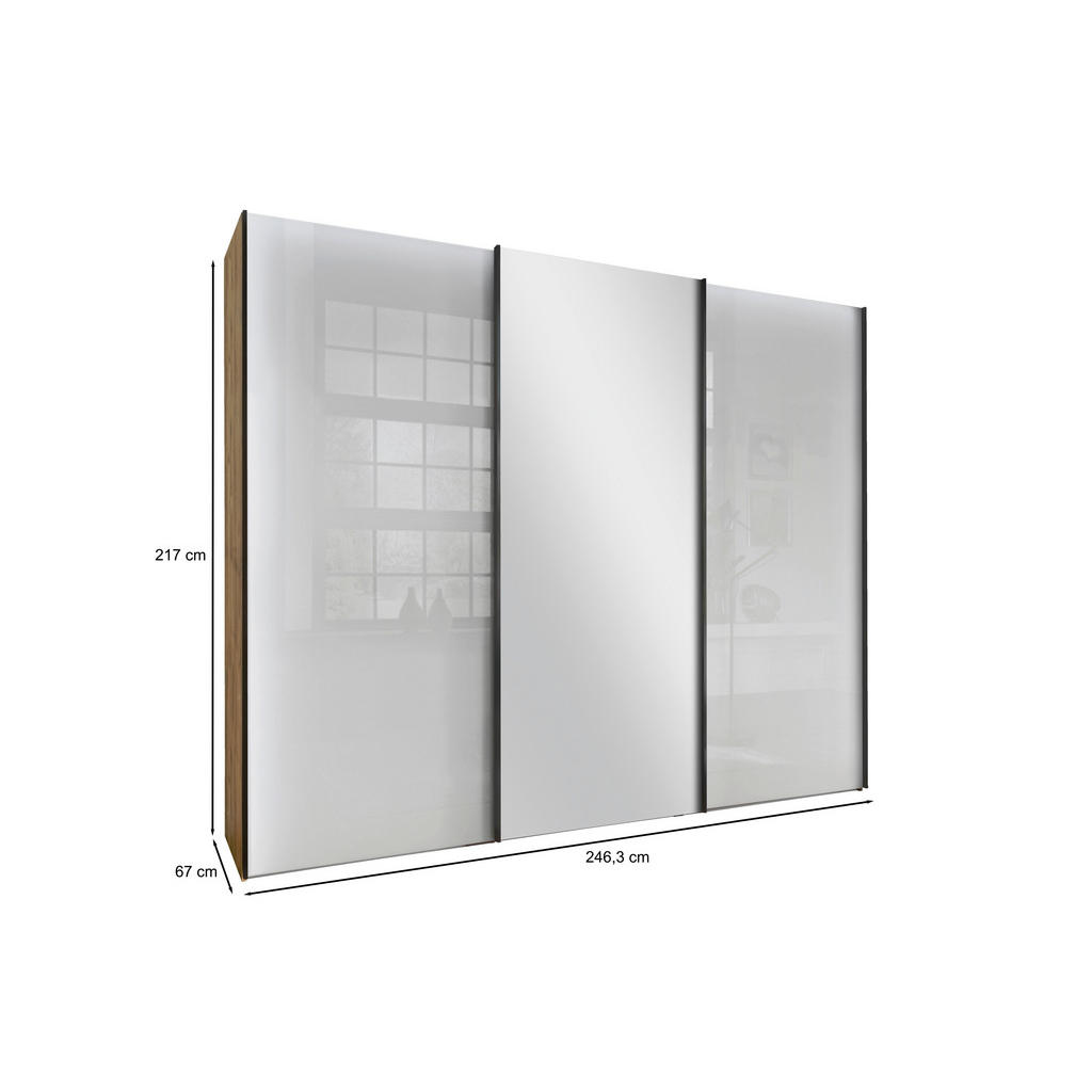 Thumbnail - Dieter Knoll Schwebetürenschrank, Weiß, Eiche Bianco, Metall, 6 Fächer, 250x217x67 cm, ISO 9001, Goldenes M, Made in Ger...