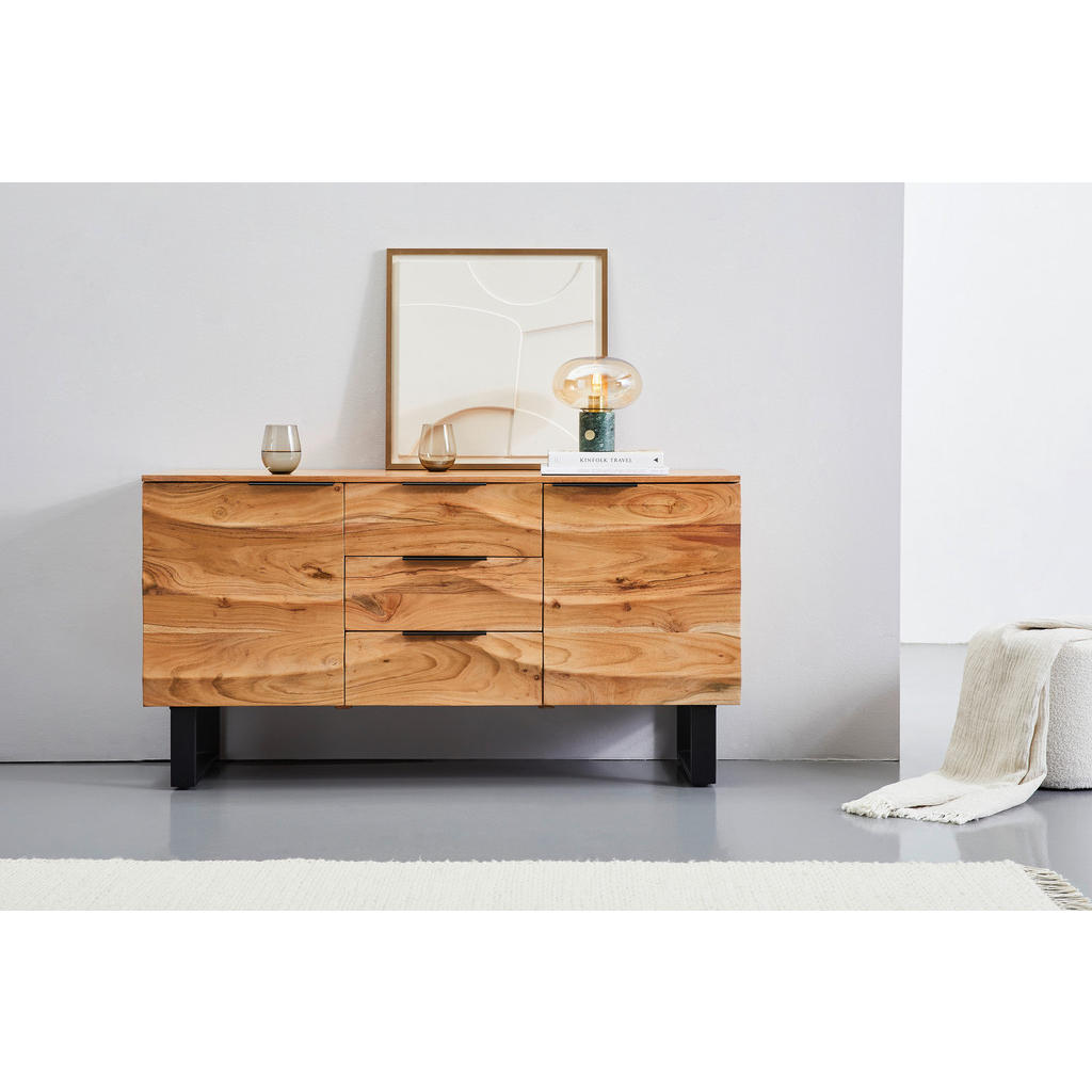 Thumbnail - Livetastic Sideboard, Schwarz, Akazie, Metall, Akazie, Holz, 2 Fächer, 3 Schubladen, 145x76x40 cm, Holzmöbel, Kleinmöbel...