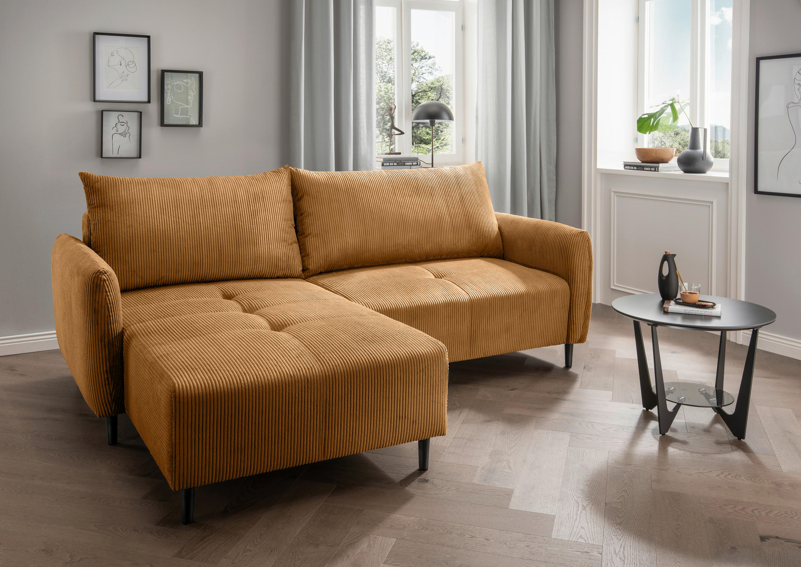 ECKSOFA in Cord Goldfarben - Goldfarben/Schwarz, Basics, Holz/Textil (238/174cm) - Livetastic