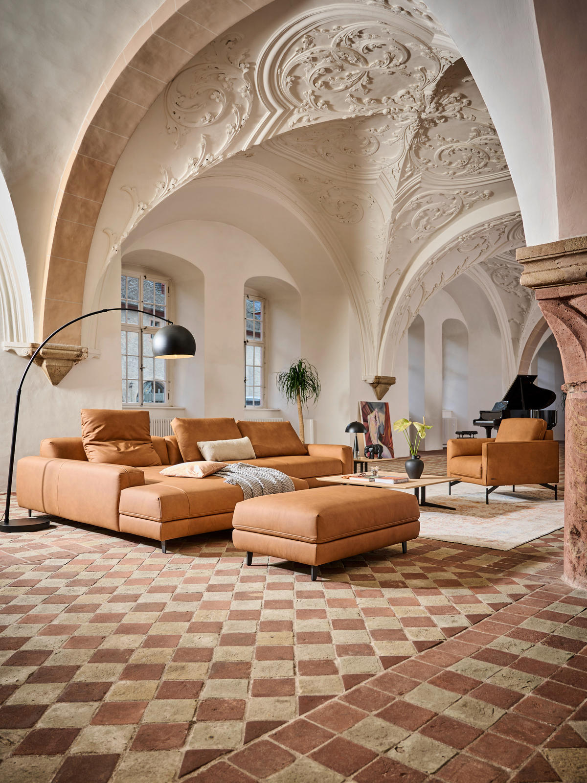 ECKSOFA in Echtleder Hellbraun  - Hellbraun/Anthrazit, Design, Leder/Metall (225/355cm) - Johann Jakob