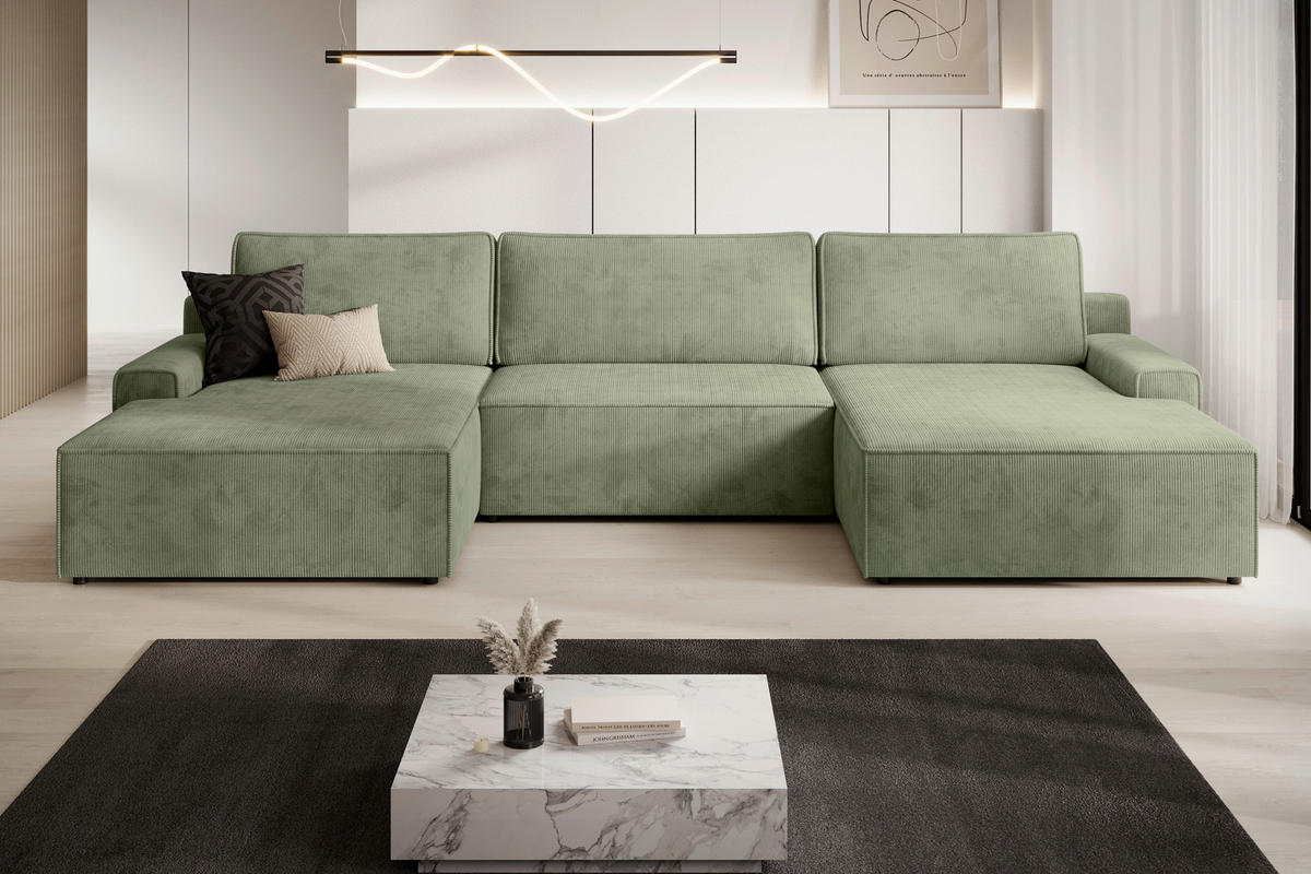 WOHNLANDSCHAFT Cord Grün  - Schwarz/Grün, Modern, Kunststoff/Textil (168/333/168cm) - Trendmanufaktur