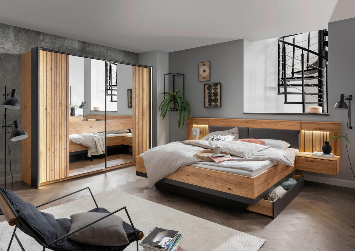 BETTANLAGE 180/200 cm  in Schwarz, Eichefarben   - Eichefarben/Schwarz, Lifestyle, Holz/Holzwerkstoff (180/200cm) - Linea Natura