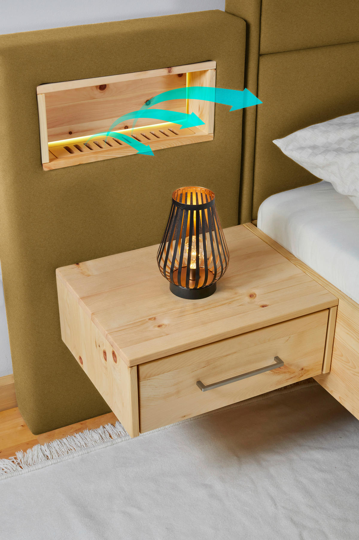 BOXSPRINGBETT 180/200 cm,  in Eichefarben, Olivgrün, Matratze, Topper, unterschiedliche Matratzenhärtegrade je Bettseite, H3 + H4 = fest + sehr fest  - Eichefarben/Olivgrün, Natur, Holz/Textil (180/200cm) - Valnatura