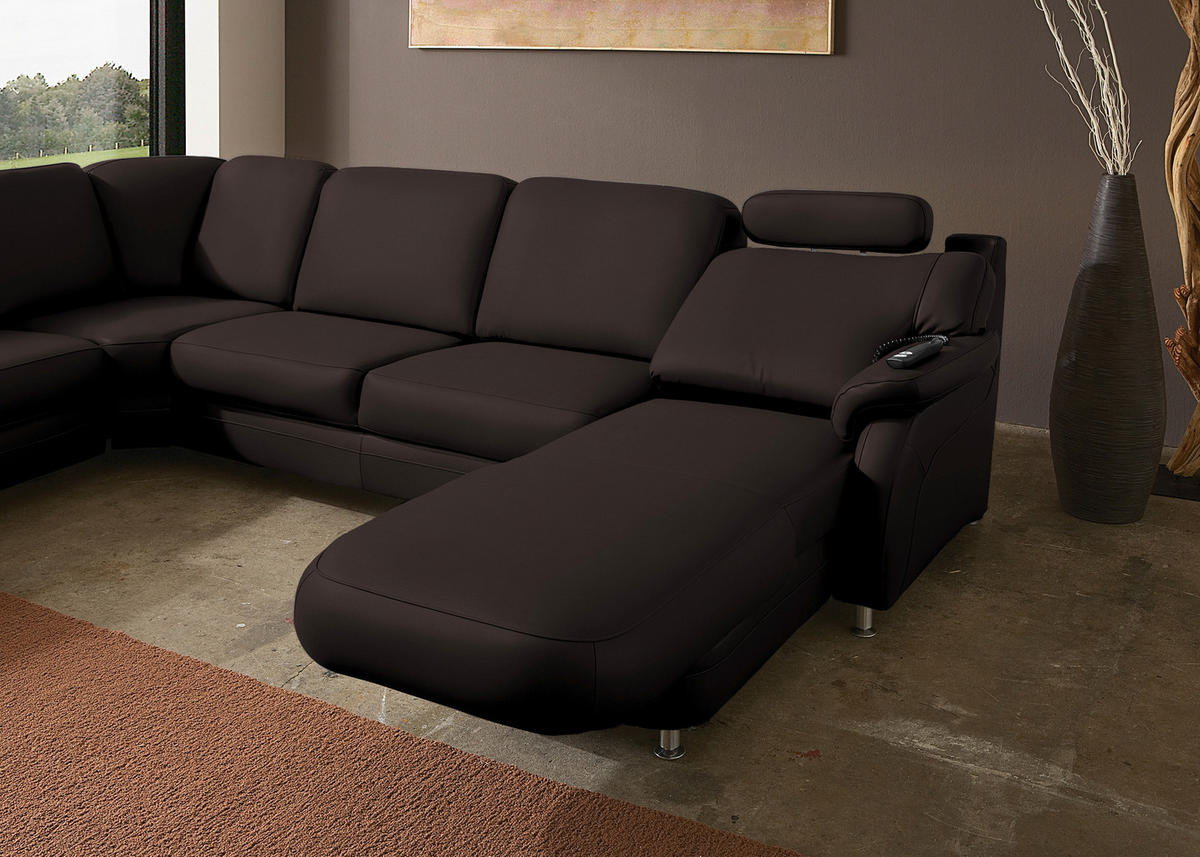 WOHNLANDSCHAFT Echtleder Schwarzbraun  - Schwarzbraun/Alufarben, Konventionell, Leder/Metall (239/329/165cm) - Beldomo Premium