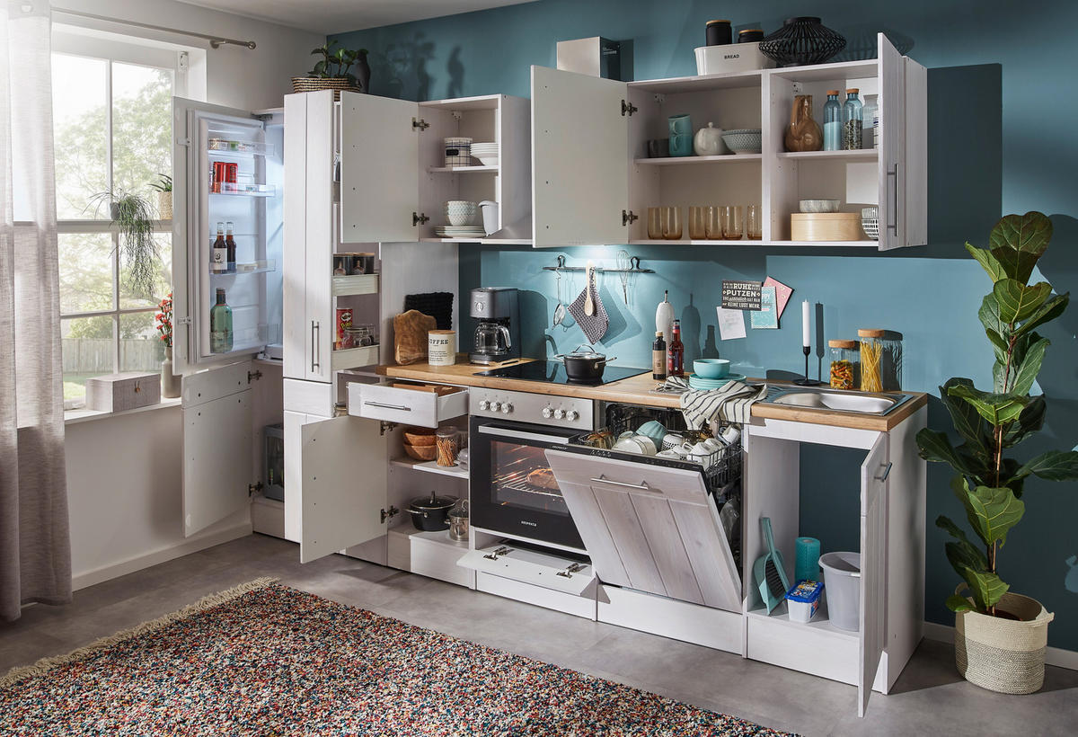 KÜCHENLEERBLOCK 310 cm   in Weiß, Lärchefarben  - Wildeiche/Edelstahlfarben, Basics, Holzwerkstoff/Metall (310cm) - Respekta