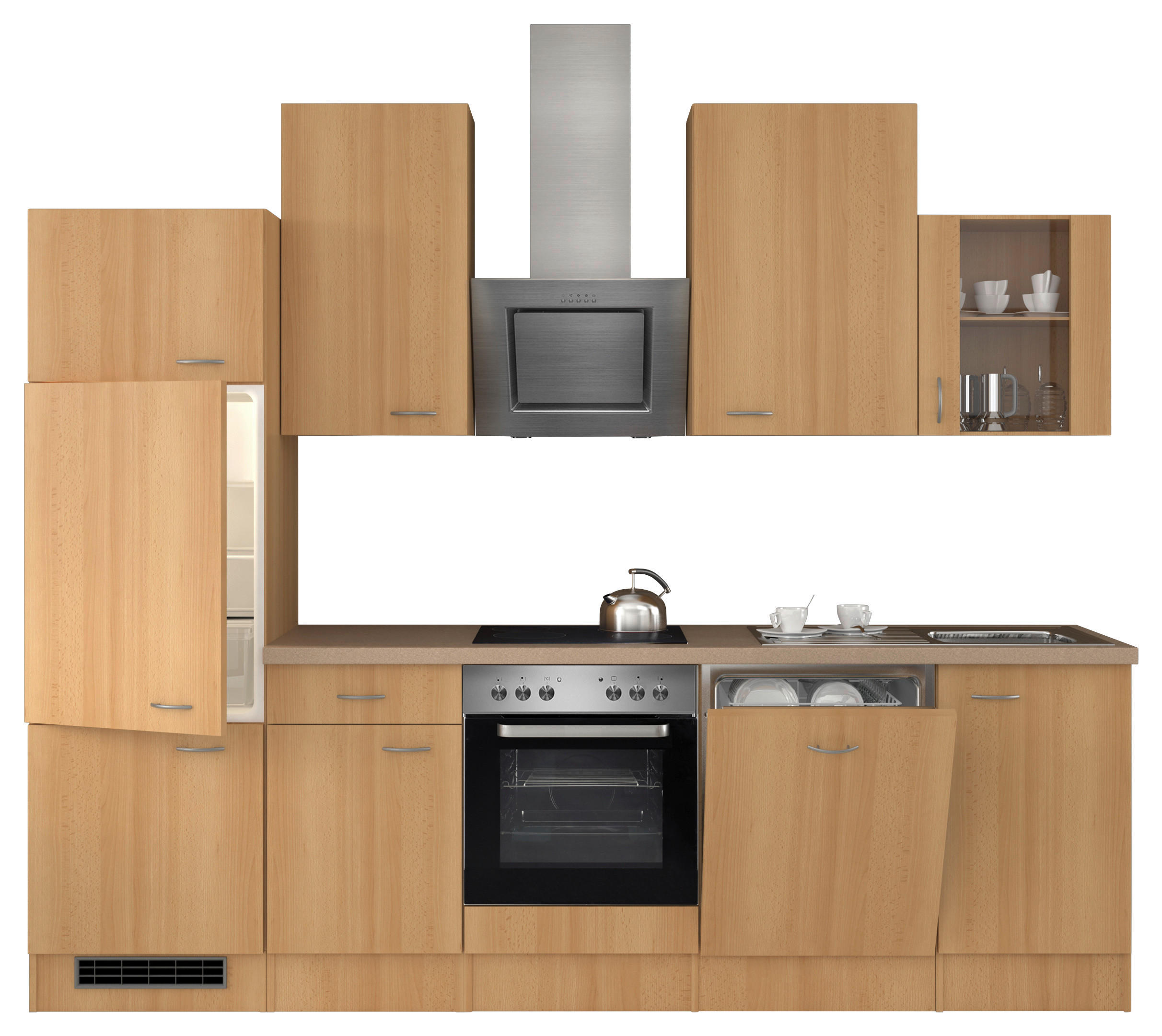 KÜCHENBLOCK 280 cm   in Buchefarben  - Edelstahlfarben/Beige, MODERN, Glas/Holzwerkstoff (280cm) - FlexWell