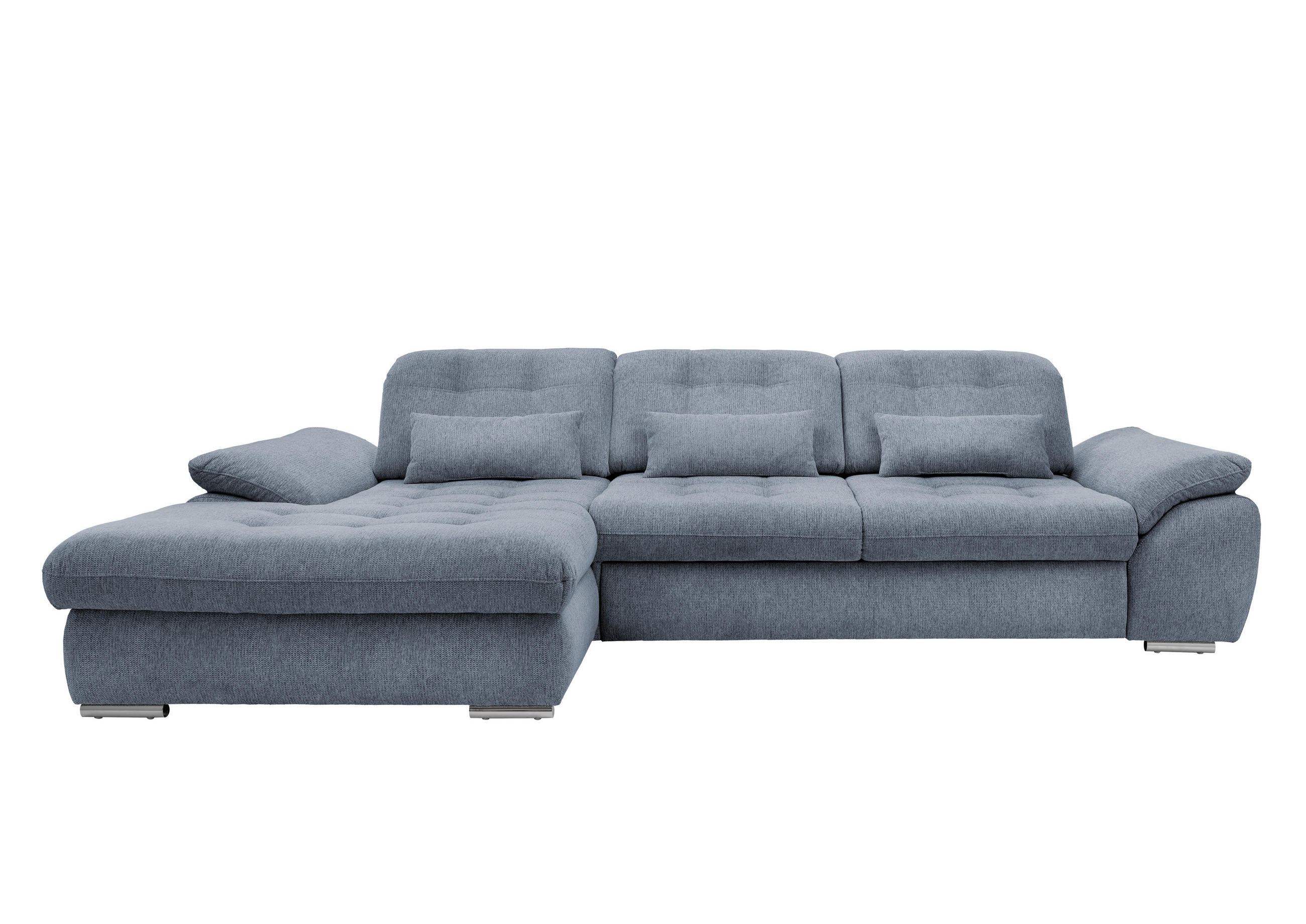 ECKSOFA Hellblau Chenille Nierenkissen, Bettkasten, Schlaffunktion, Rücken echt, Kopfteilverstellung, Sitztiefenverstellung, Liegefläche im Originalstoff  - Chromfarben/Anthrazit, MODERN, Textil/Metall (184/314cm) - Livetastic