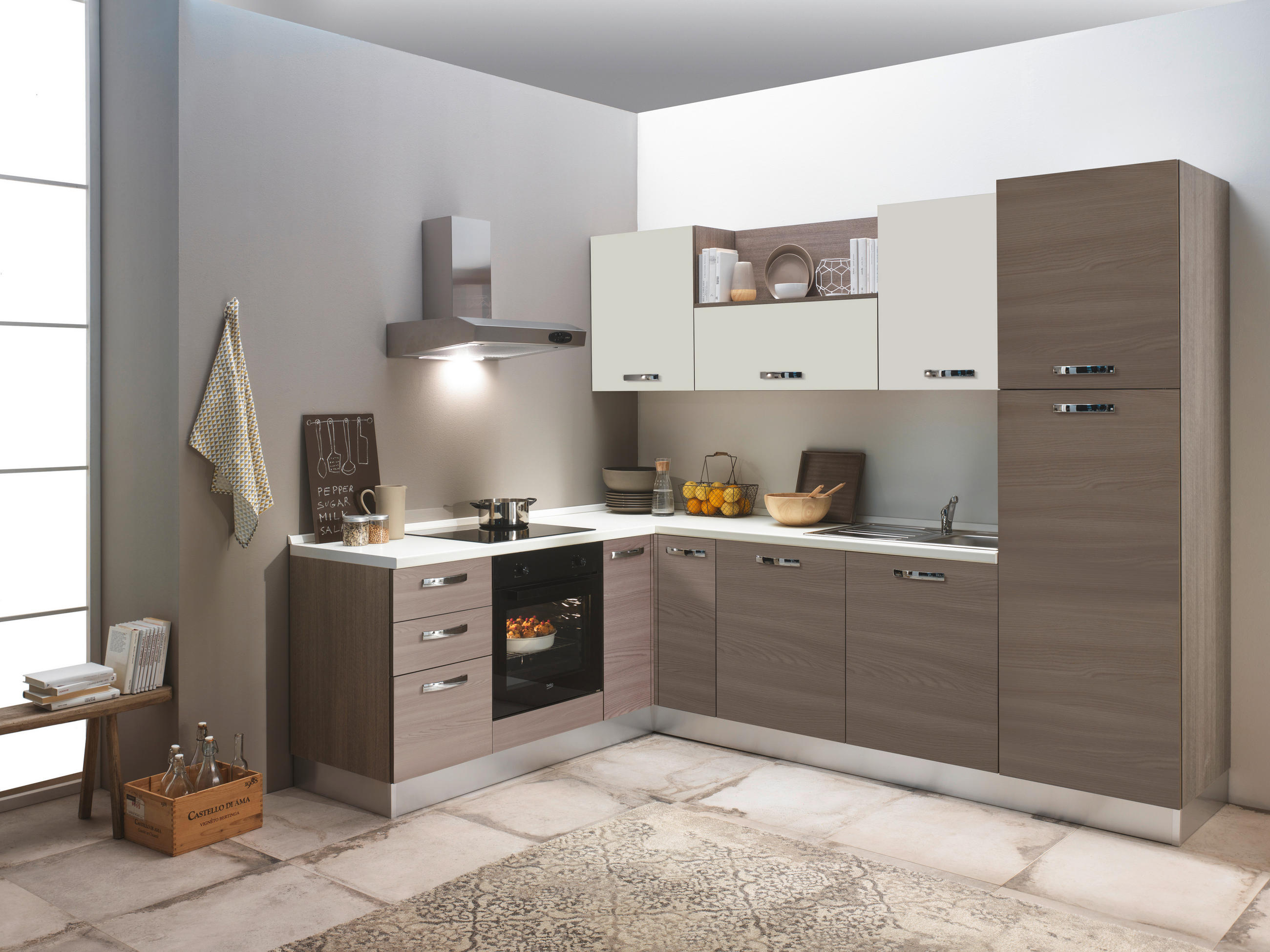 ECKKÜCHE 195/270 cm  in Weiß, Ulmefarben  - Ulmefarben/Edelstahlfarben, LIFESTYLE, Holzwerkstoff/Kunststoff (195/270cm) - MID.YOU