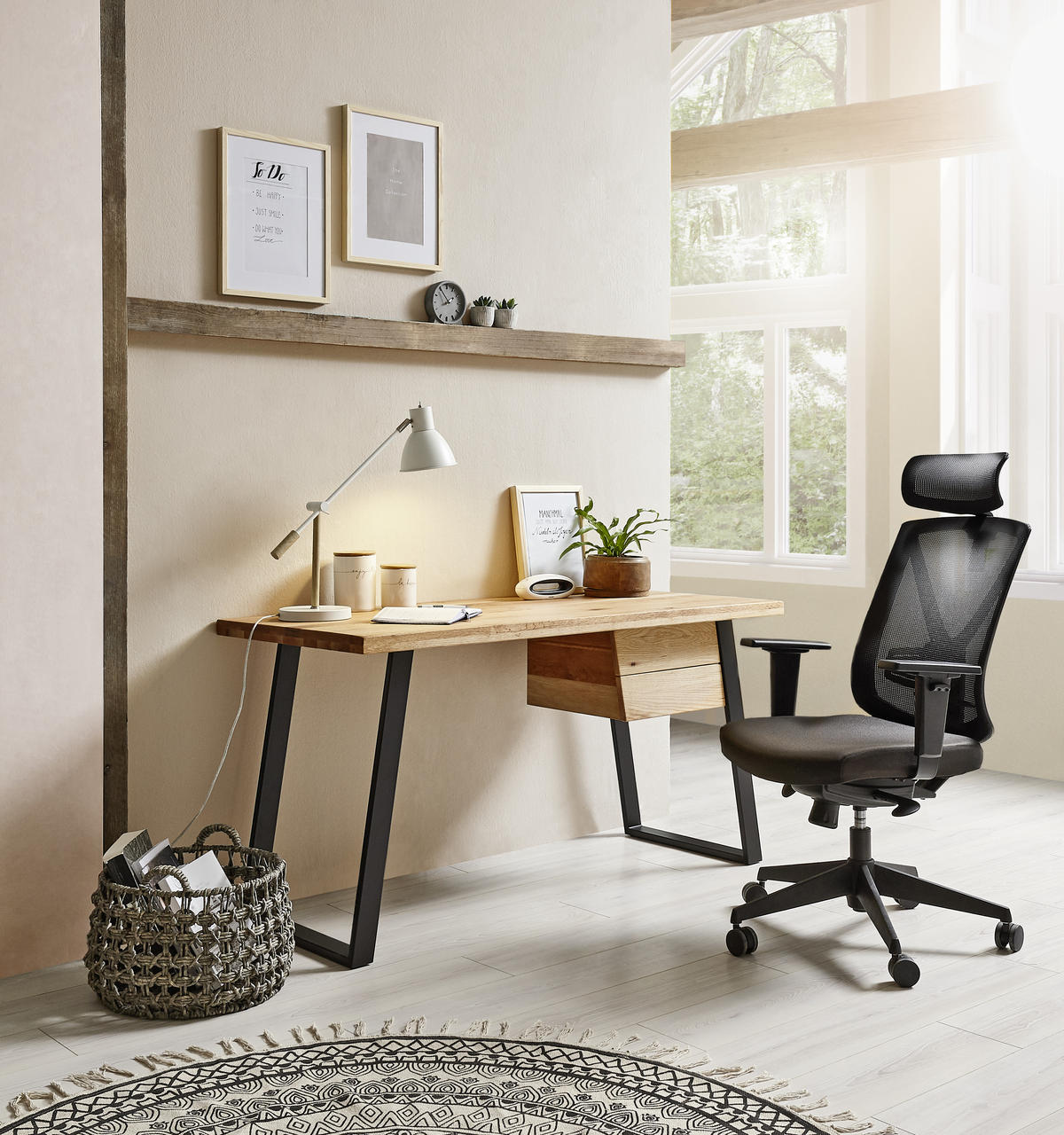 PISALNA MIZA les, kovina črna, barve hrasta  - črna/barve hrasta, Trendi, kovina/les (145/65/75cm) - Landscape