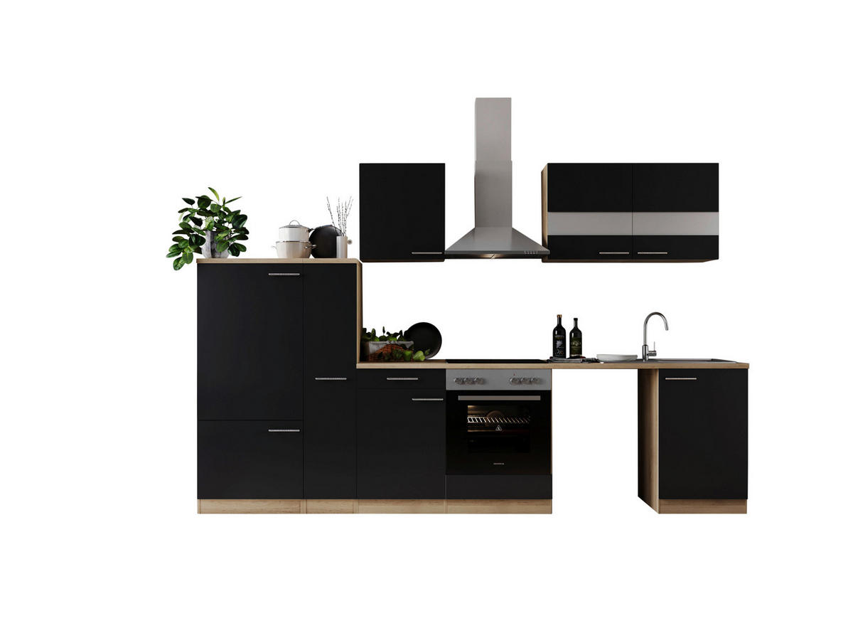 KÜCHENBLOCK 310 cm   in Schwarz  - Edelstahlfarben/Eichefarben, Basics, Glas/Holzwerkstoff (310cm) - Respekta