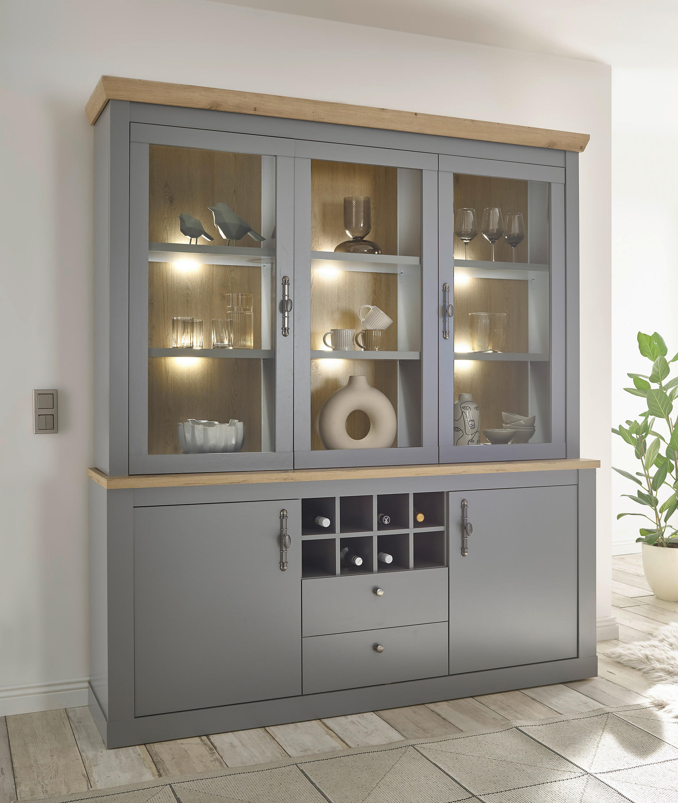 BUFFET 183/206/44 cm in Eichefarben, Hellgrau - Eichefarben/Silberfarben, Design, Holzwerkstoff/Metall (183/206/44cm) - MID.YOU