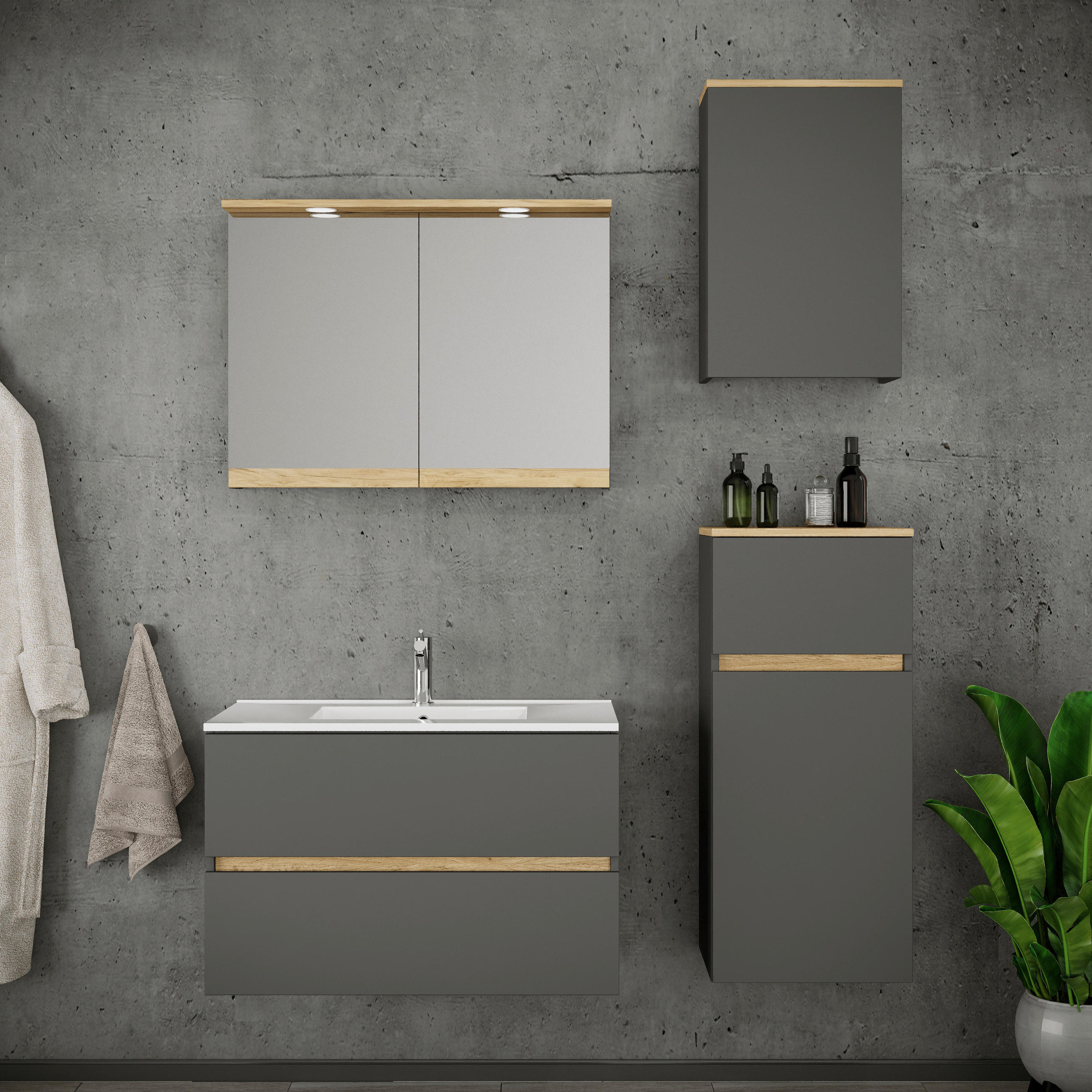 BADEZIMMER 5-teilig  in 121 cm  - Honigeiche/Anthrazit, Trend, Keramik/Holzwerkstoff (121cm) - MID.YOU