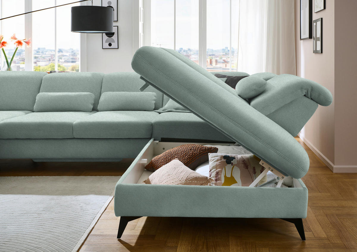 WOHNLANDSCHAFT  in Chenille Mintgrün  - Schwarz/Mintgrün, Design, Textil/Metall (198/364/255cm) - Beldomo Style