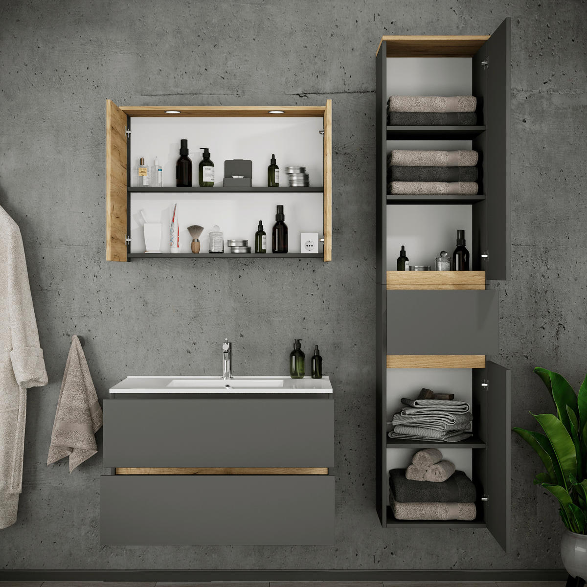 BADEZIMMER 4-teilig  in 121 cm  - Honigeiche/Anthrazit, Trend, Keramik/Holzwerkstoff (121cm) - MID.YOU