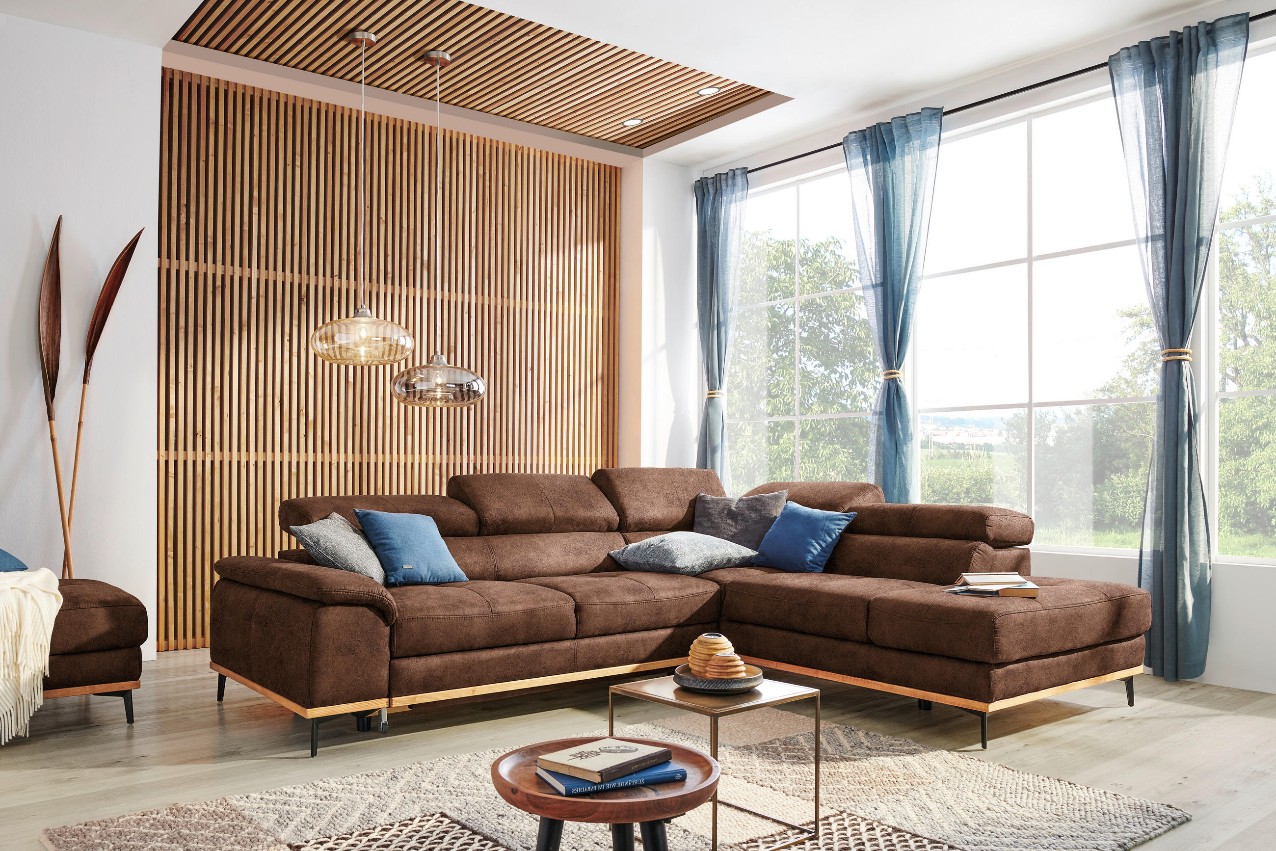 ECKSOFA Braun Lederlook  - Schwarz/Braun, Natur, Holz/Textil (282/226cm) - Novel