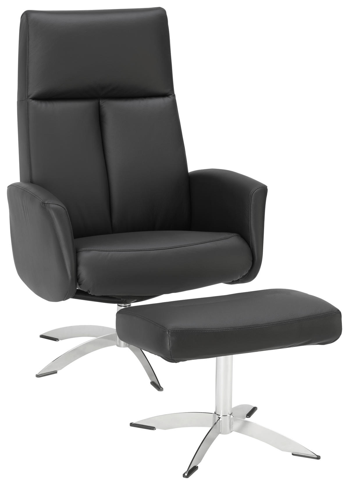 RELAXSESSELSET Lederlook Kombination Echtleder/Lederlook Relaxfunktion, Hocker    - Chromfarben/Schwarz, Design, Leder/Textil (71/105/75cm) - Welnova
