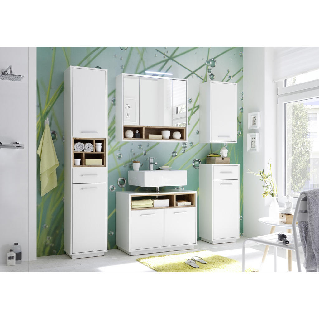 Thumbnail - Mid.you Waschbeckenunterschrank, Weiß, Eiche, Kunststoff, 80x64x40 cm, Made in EU, stehend, Badezimmer, Badezimmerschrän...