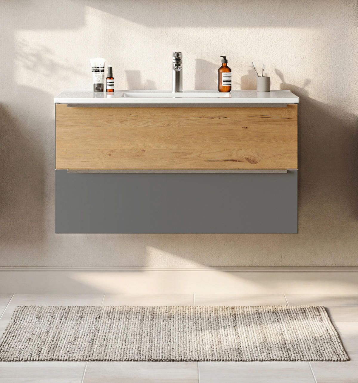 WASCHTISCHKOMBI  - Wildeiche/Edelstahlfarben, Trend, Holzwerkstoff/Stein (100/54/47cm) - Held