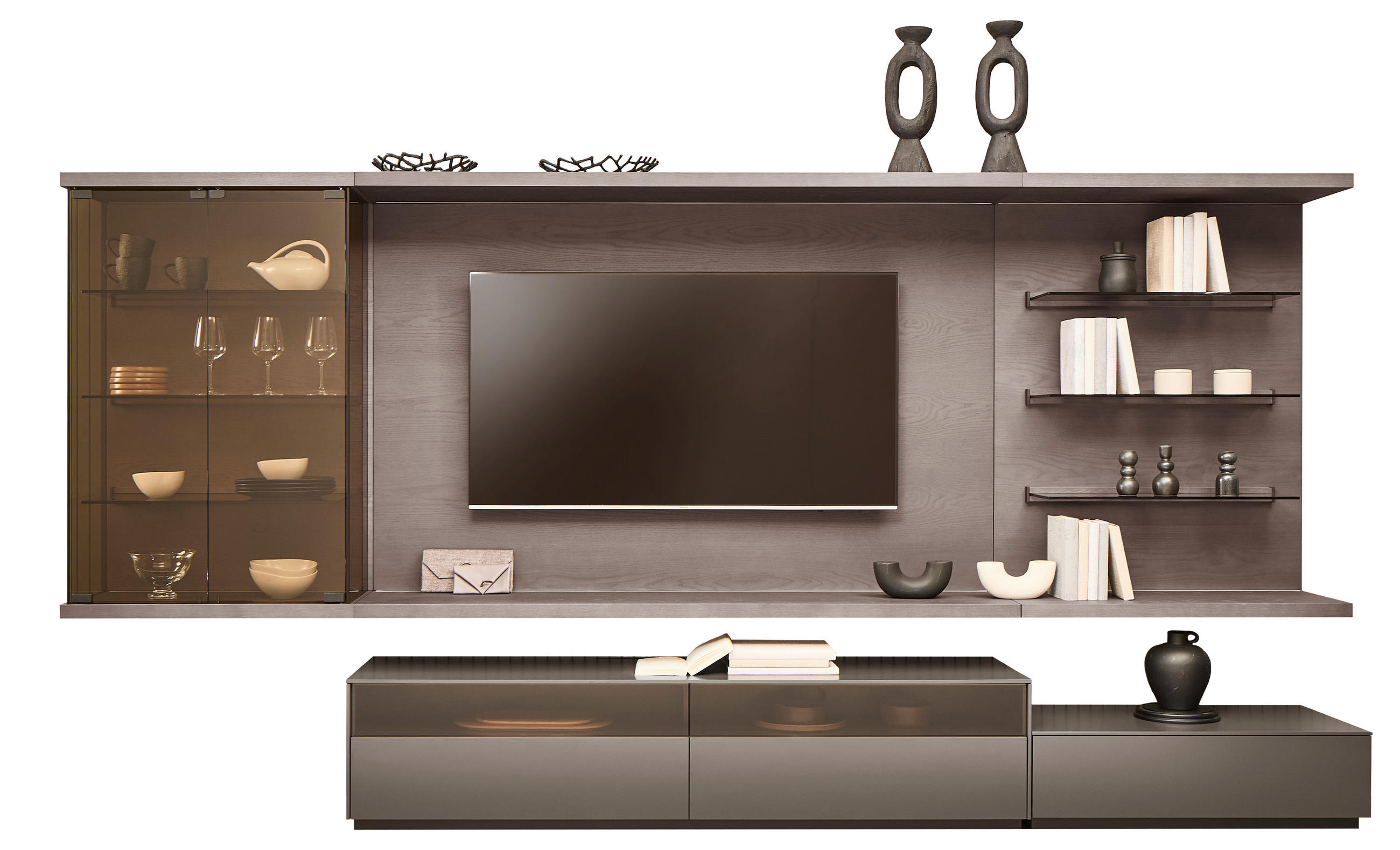 WOHNWAND  Grau, Eiche dunkel 349,2/182/46 cm  - Eiche dunkel/Grau, Design, Glas/Holz (349,2/182/46cm) - Belluti