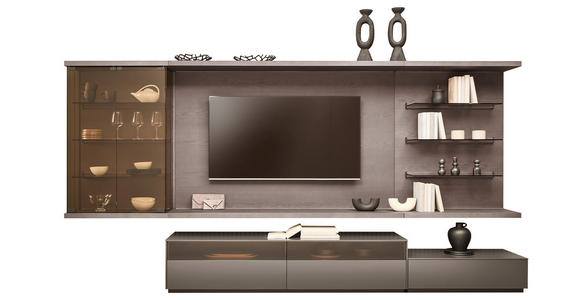 WOHNWAND  in Grau, Eiche dunkel  349,2/182/46 cm  - Eiche dunkel/Grau, Design, Glas/Holz (349,2/182/46cm) - Belluti