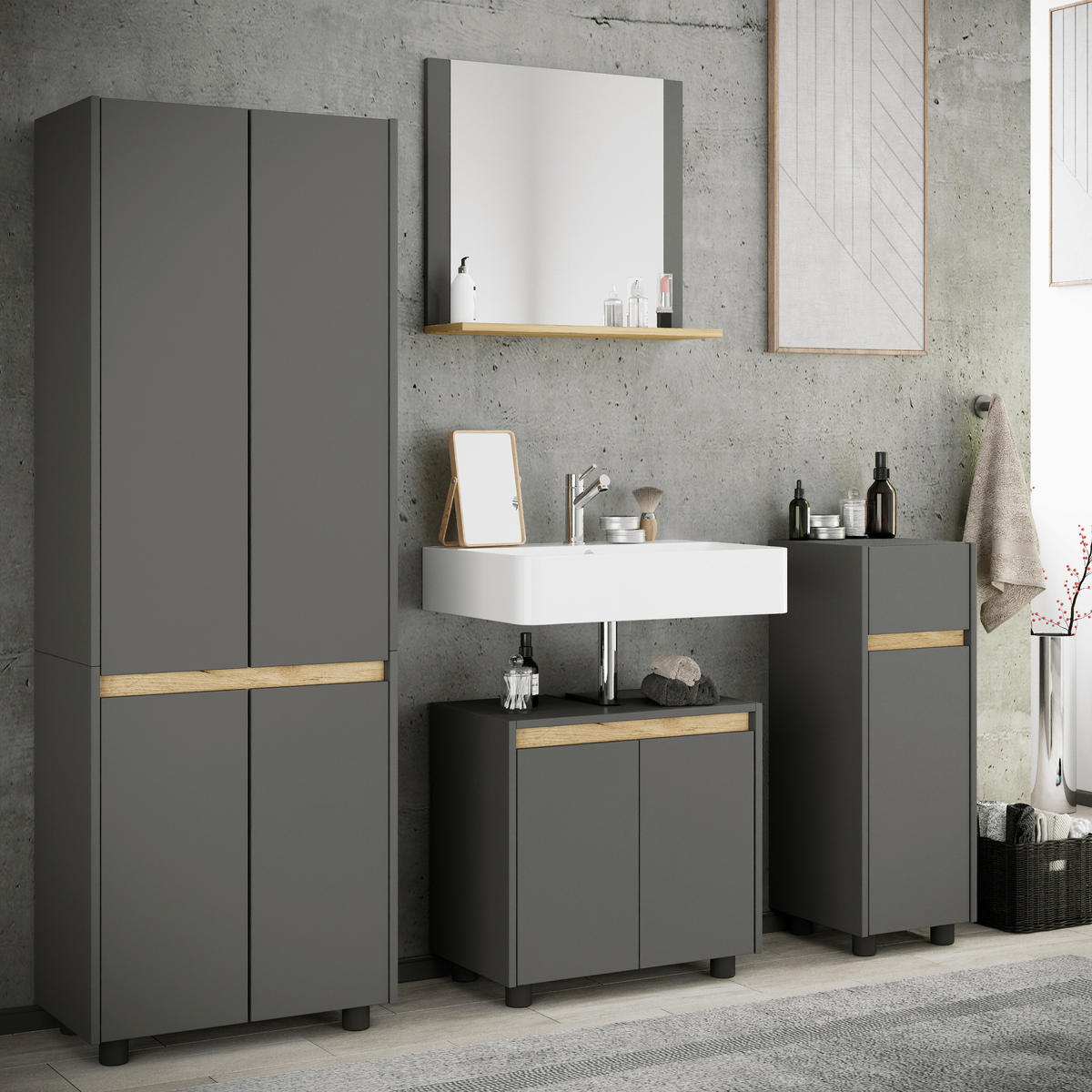BADEZIMMER 4-teilig  in 154 cm  - Honigeiche/Anthrazit, Trend, Holzwerkstoff/Kunststoff (154cm) - MID.YOU