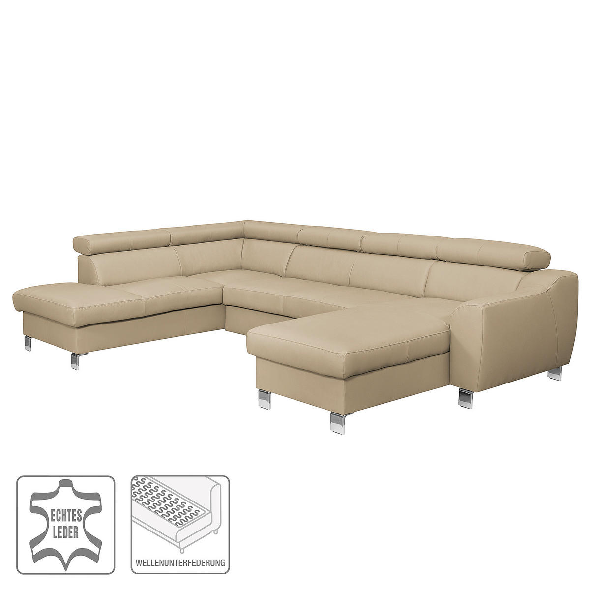 WOHNLANDSCHAFT in Lederlook Echtleder Beige  - Chromfarben/Beige, Design, Leder/Textil (208/315/175cm) - Livetastic