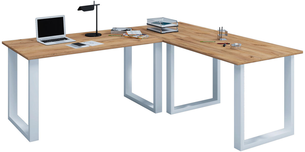 ECKSCHREIBTISCH 130/130/76 cm  in Silberfarben, Honigeiche  - Honigeiche/Silberfarben, Design, Holzwerkstoff/Metall (130/130/76cm) - MID.YOU