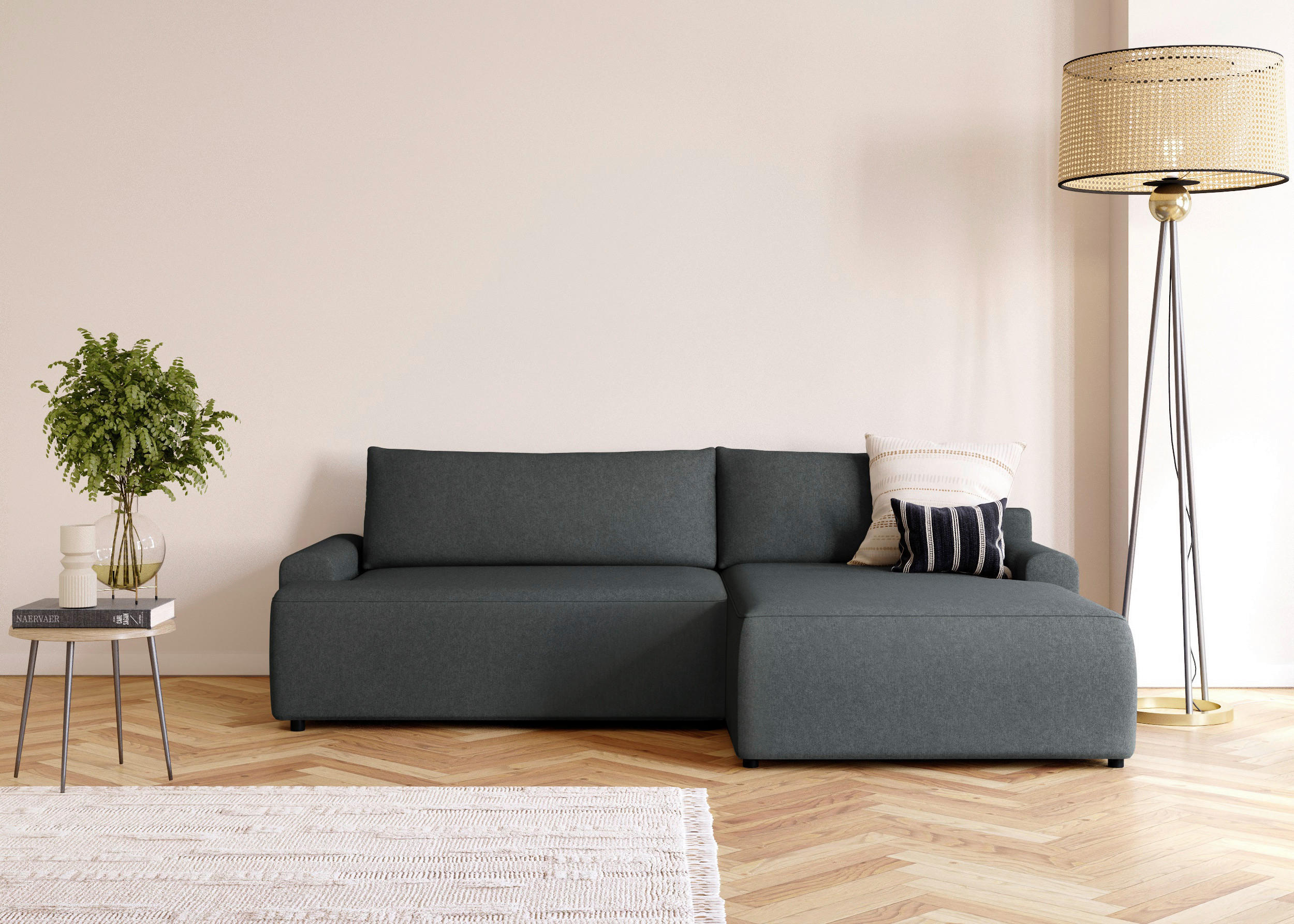 ECKSCHLAFSOFA in Struktur Graphitfarben - Schwarz/Graphitfarben, Modern, Kunststoff/Textil (253/167cm) - Trendmanufaktur