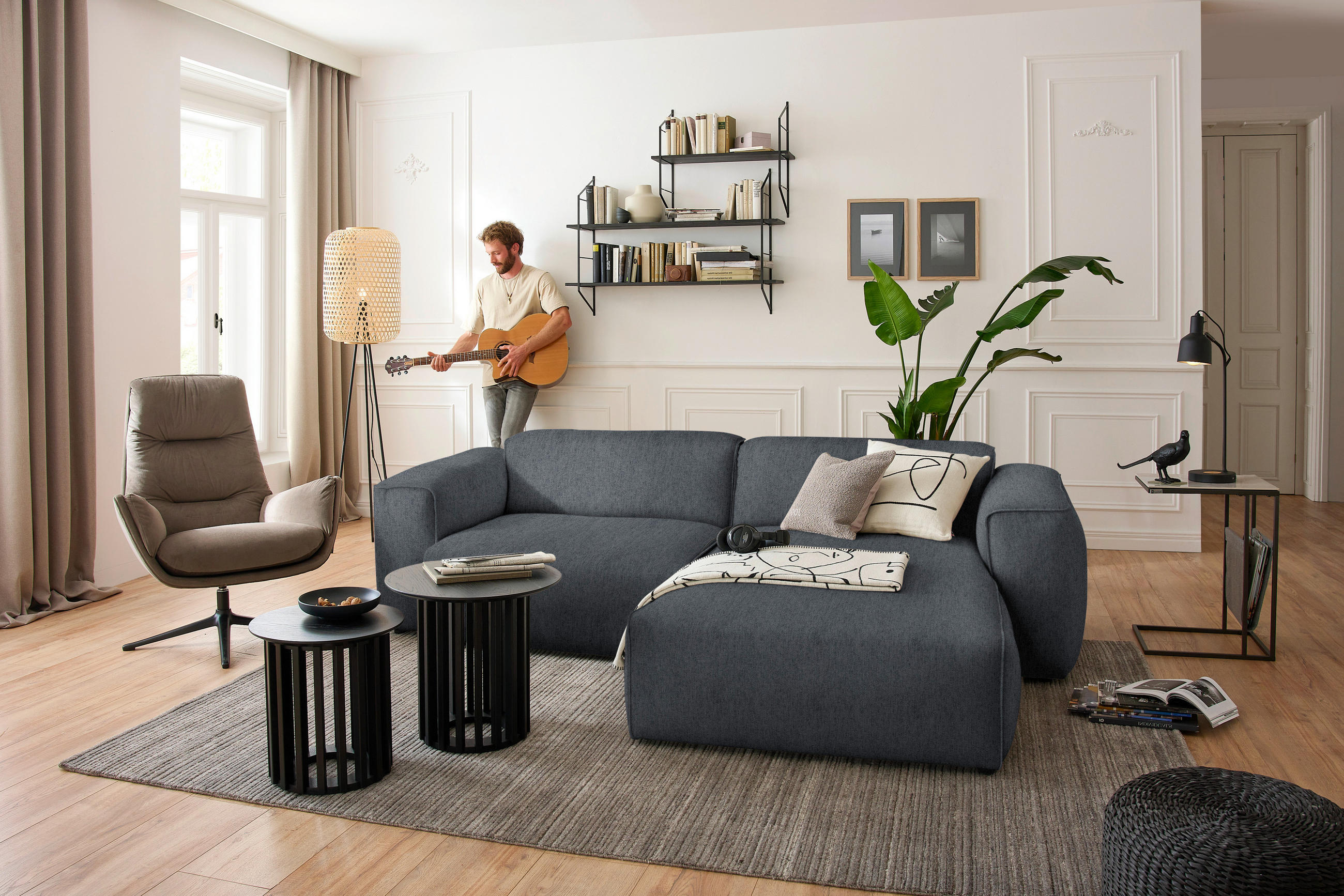 ECKSOFA in Webstoff Dunkelgrau  265/171 cm  - Dunkelgrau/Schwarz, Design, Kunststoff/Textil (265/171cm) - home24