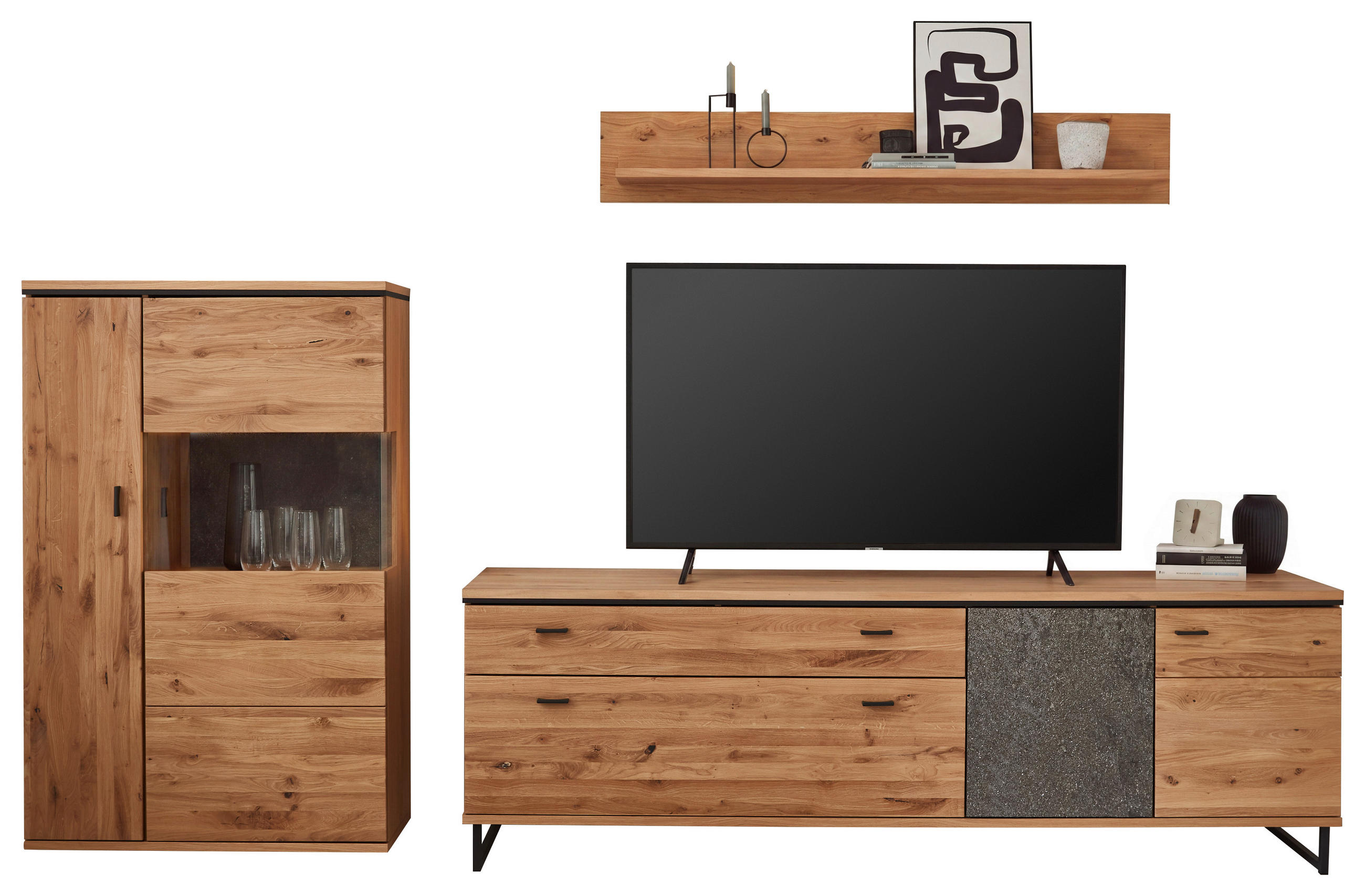 WOHNWAND 3-teilig  Eichefarben, Anthrazit 310,2/180,4/50,2 cm    - Eichefarben/Anthrazit, Konventionell, Glas/Holz (310,2/180,4/50,2cm) - Linea Natura