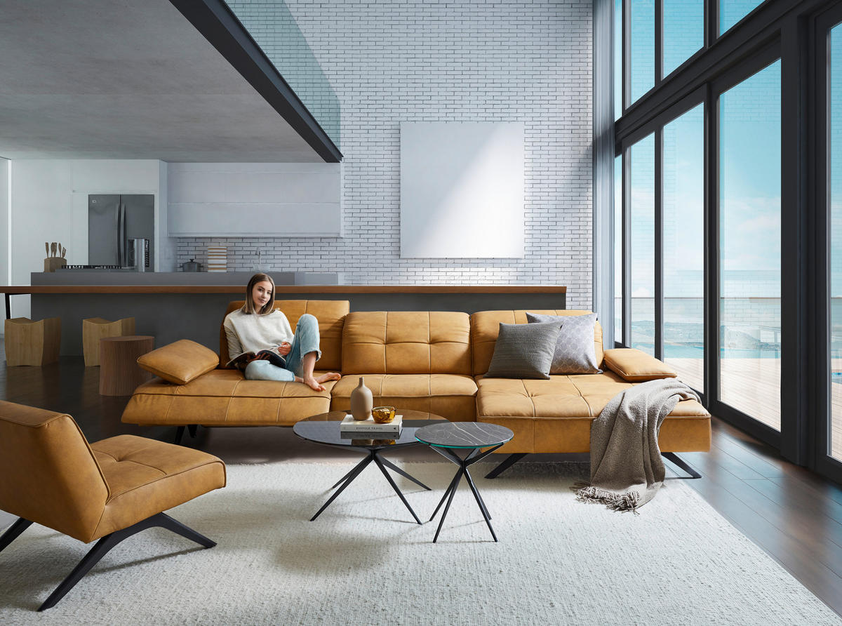 ECKSOFA Currygelb Echtleder  - Currygelb/Anthrazit, Design, Leder/Metall (340/165cm) - Joop!