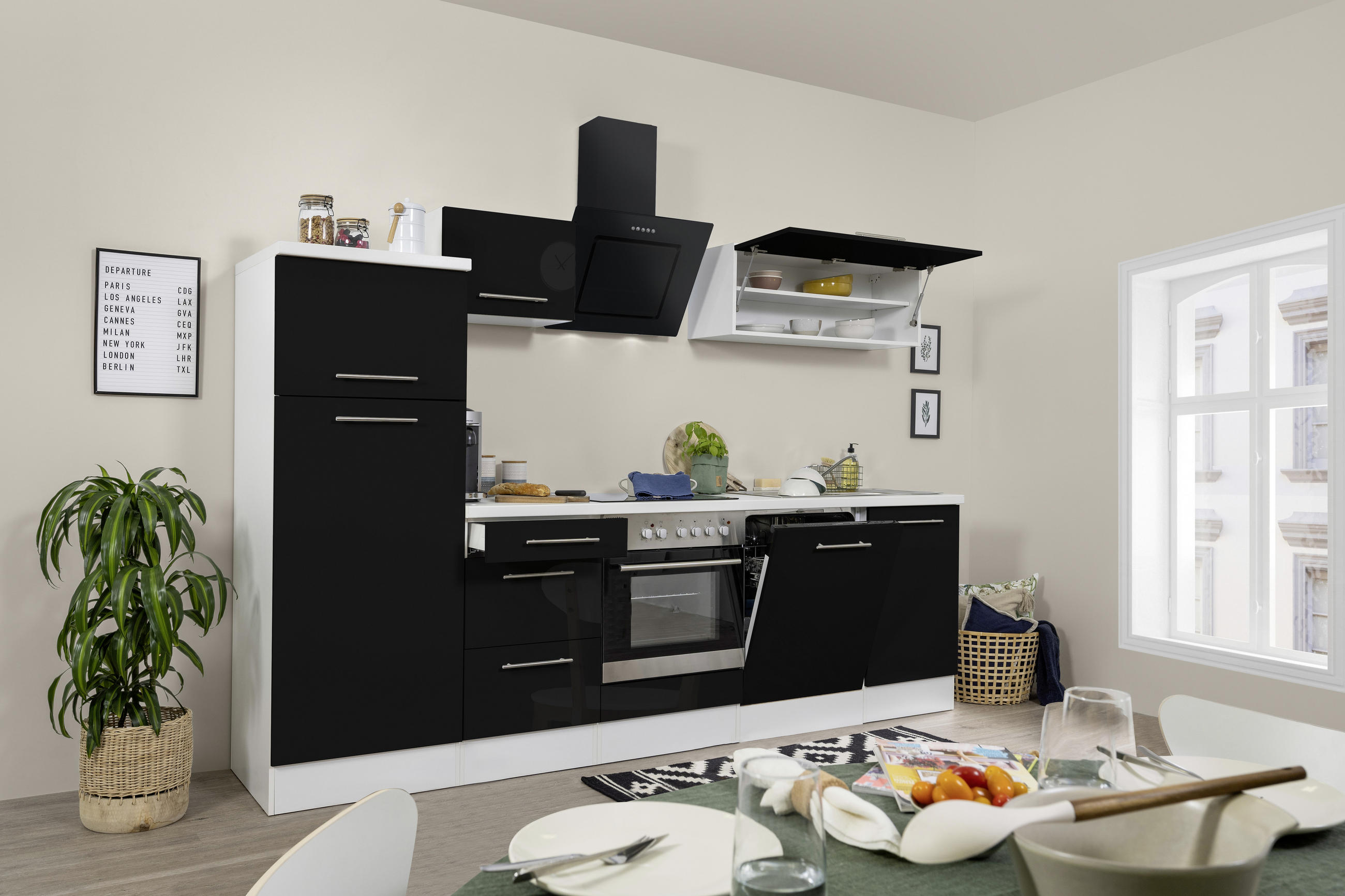 KÜCHENBLOCK 280 cm   in Schwarz, Weiß  - Alufarben/Schwarz, KONVENTIONELL, Holzwerkstoff/Metall (280cm) - Respekta