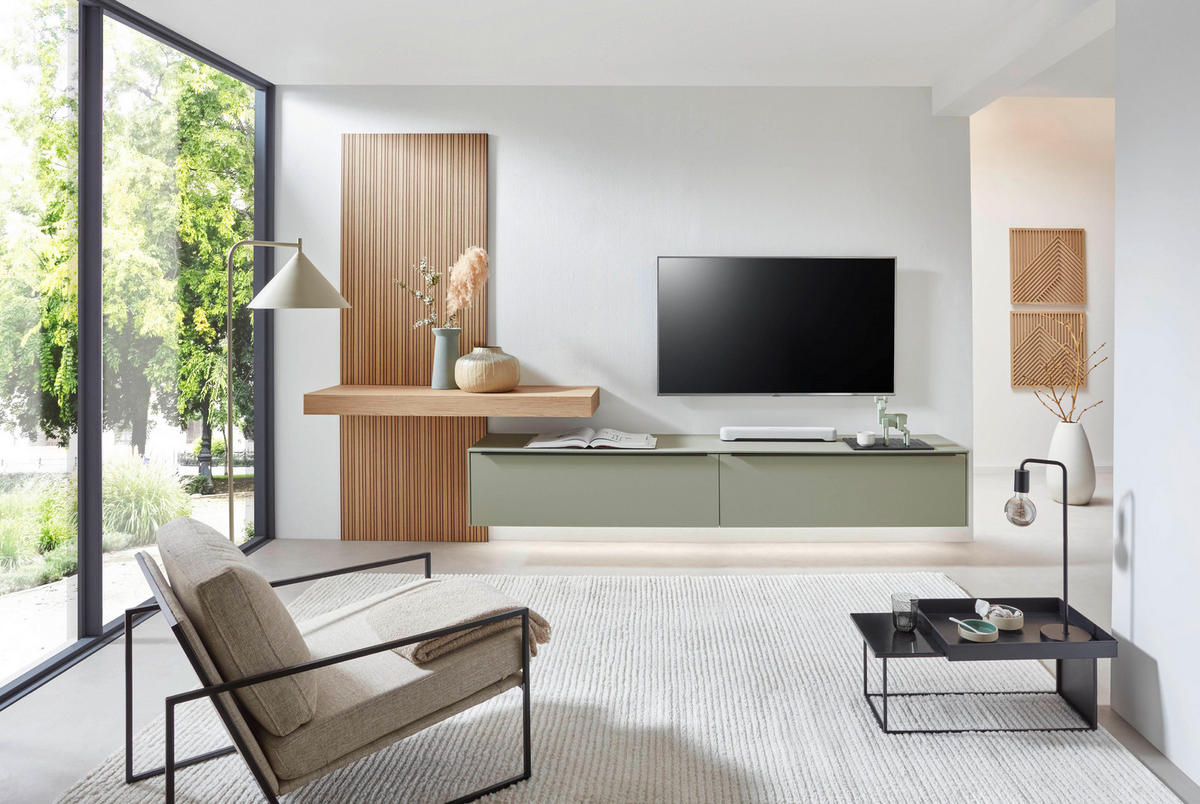 WOHNWAND  in Eichefarben, Olivgrün  322/210/49 cm  - Eichefarben/Schwarz, Design, Holzwerkstoff/Metall (322/210/49cm) - Celina Home