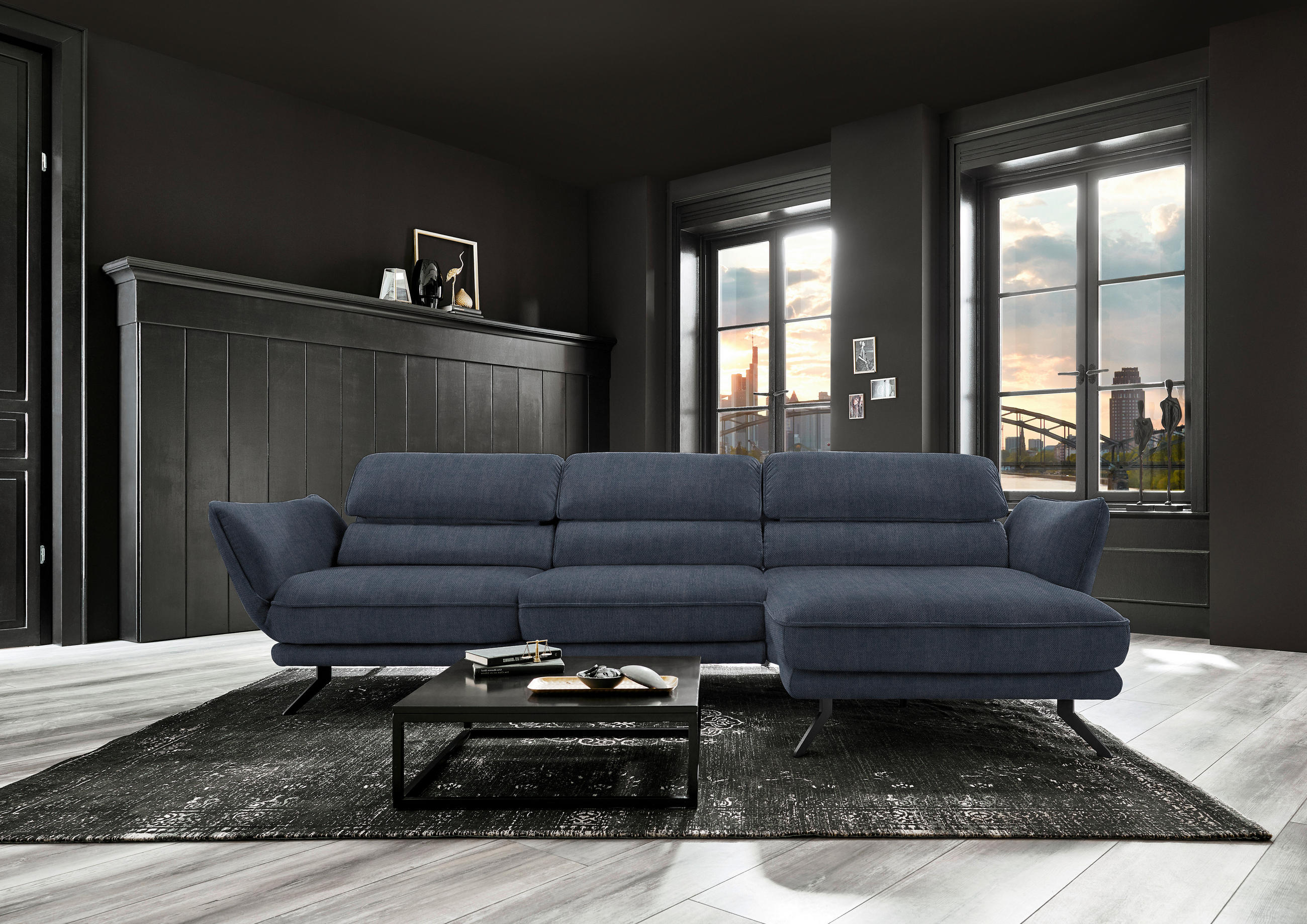 ECKSOFA in Velours Blau  - Blau/Schwarz, Design, Textil/Metall (283/153cm) - Valdera