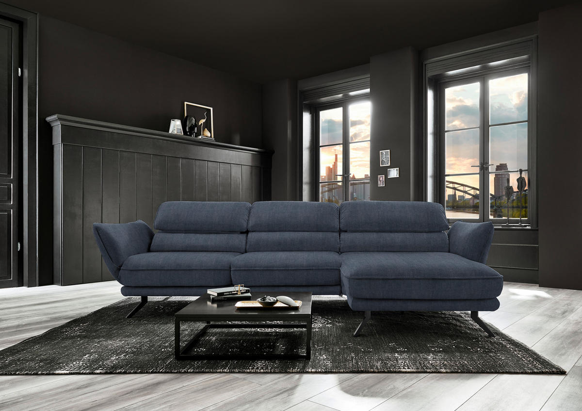 ECKSOFA in Velours Blau  - Blau/Schwarz, Design, Textil/Metall (283/153cm) - Valdera